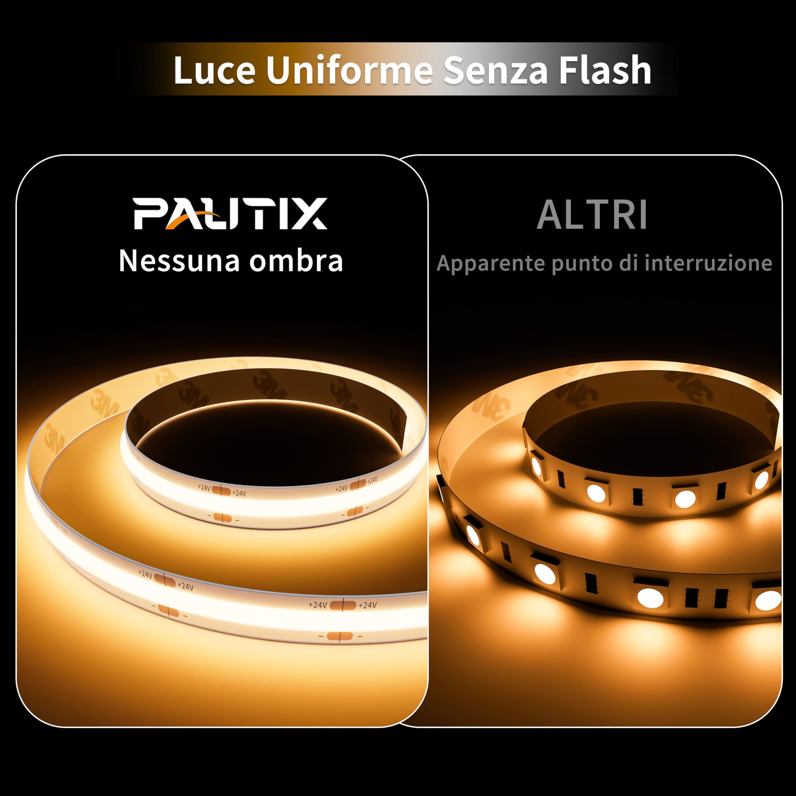 PAUTIX Striscia COB bianco caldo 2700 K impermeabile IP65, 10 m Pro+ 504 luce/m DC24 V CRI93 + nastro LED per casa cucina fai da te con connettore COB da 8 mm (alimentatore non incluso)