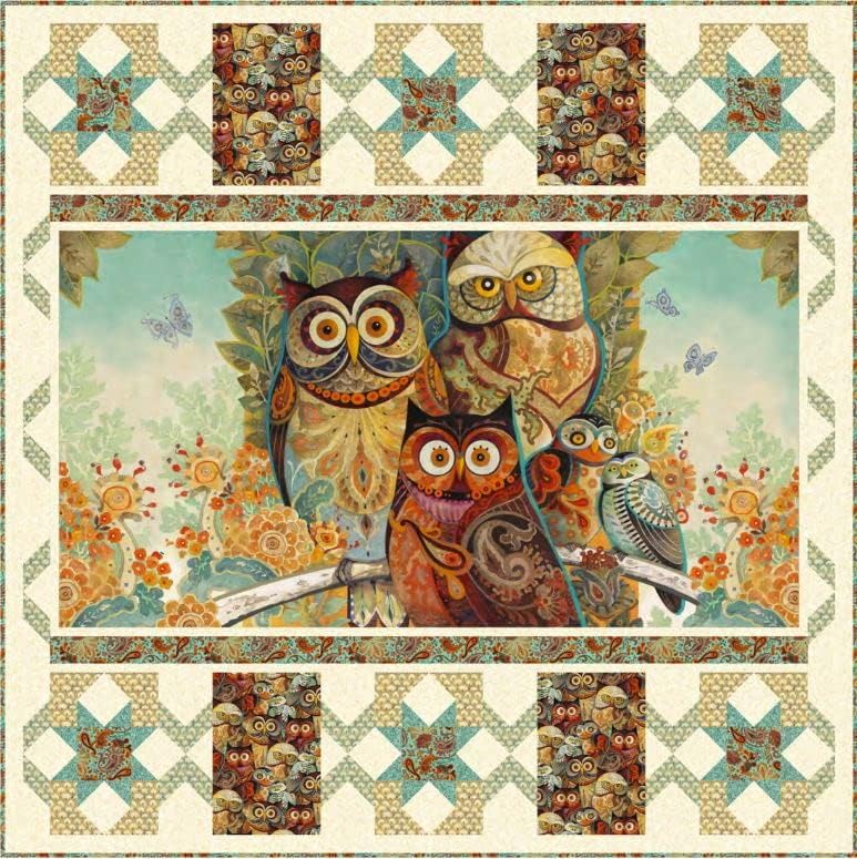 Kit de edredón  Hoot Stars  47 x 47 pulgadas  Edredón de pared con panel familiar de búhos  Parte superior y encuadernación