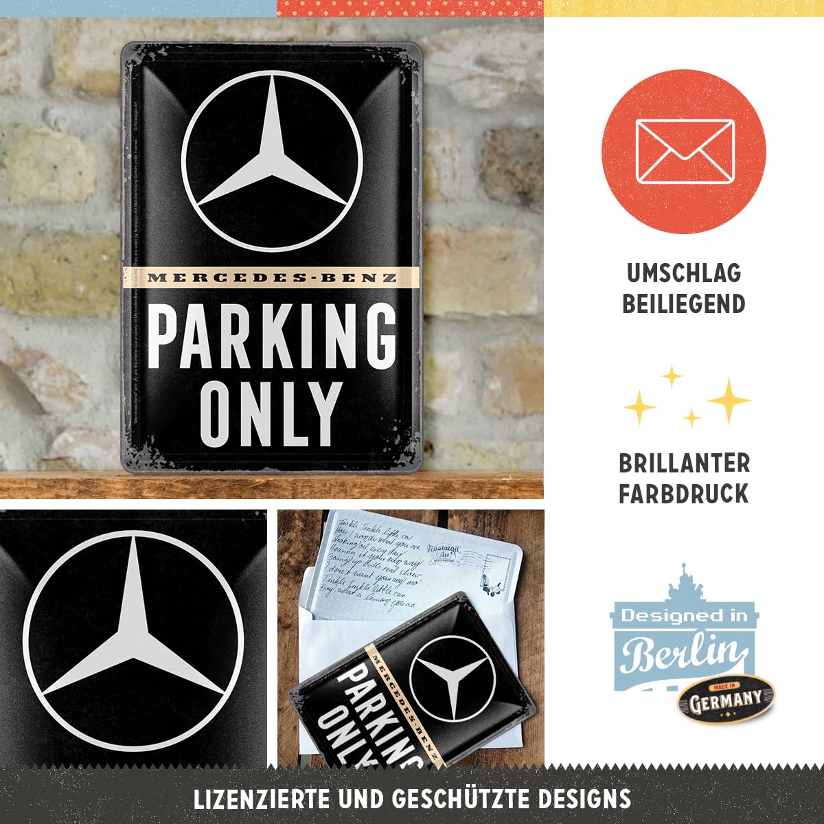 Nostalgic-Art Blacha pocztowa w stylu retro, 10 x 14 cm, Mercedes-Benz – tylko parking – pomysł na prezent dla fanów akcesoriów Mercedes-Benz, kartka pocztowa z metalu, mini blaszana tabliczka jako