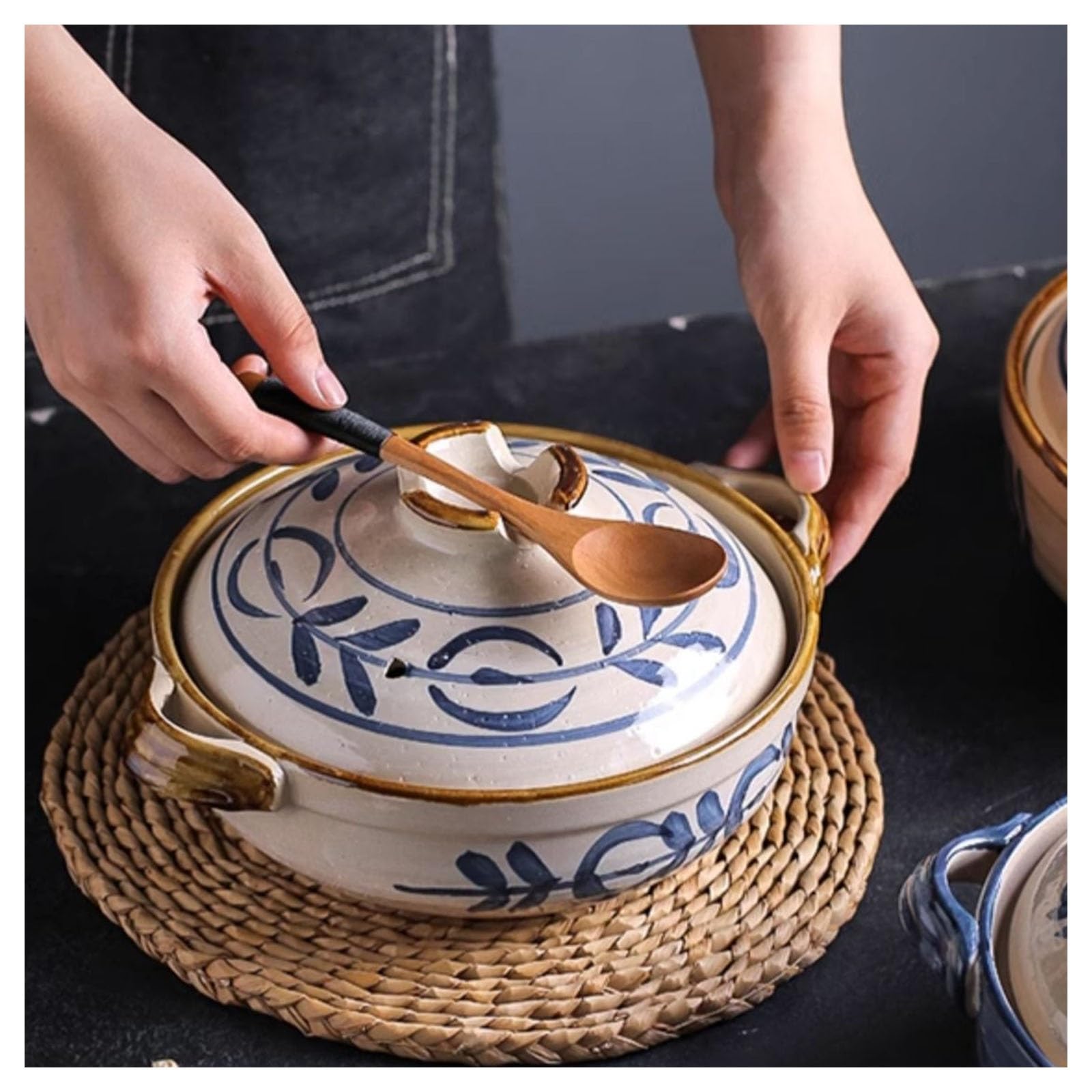 Japoński ceramiczny garnek do duszenia Donabe, gliniany, odporny na ciepło, rodzinny, do gotowania na gorąco, zapiekanka z pokrywką, wolnowar do gotowania ryżu(2.2L)