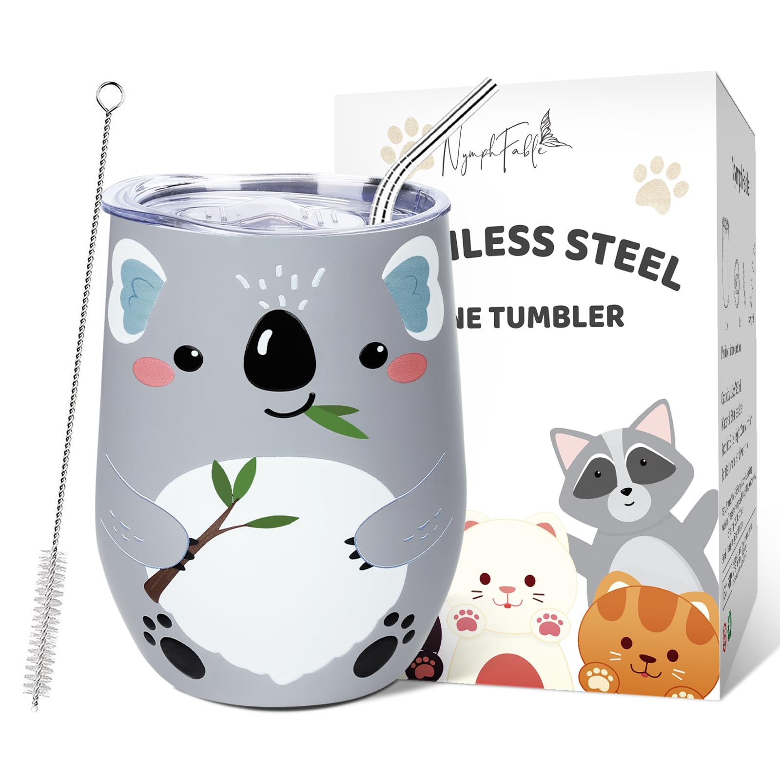 Nymphfable 12oz Roestvrijstalen Beker Met Deksel En Rietje Wijn Tumbler Kat Wol GeïSoleerde Reismok Dubbelwandig