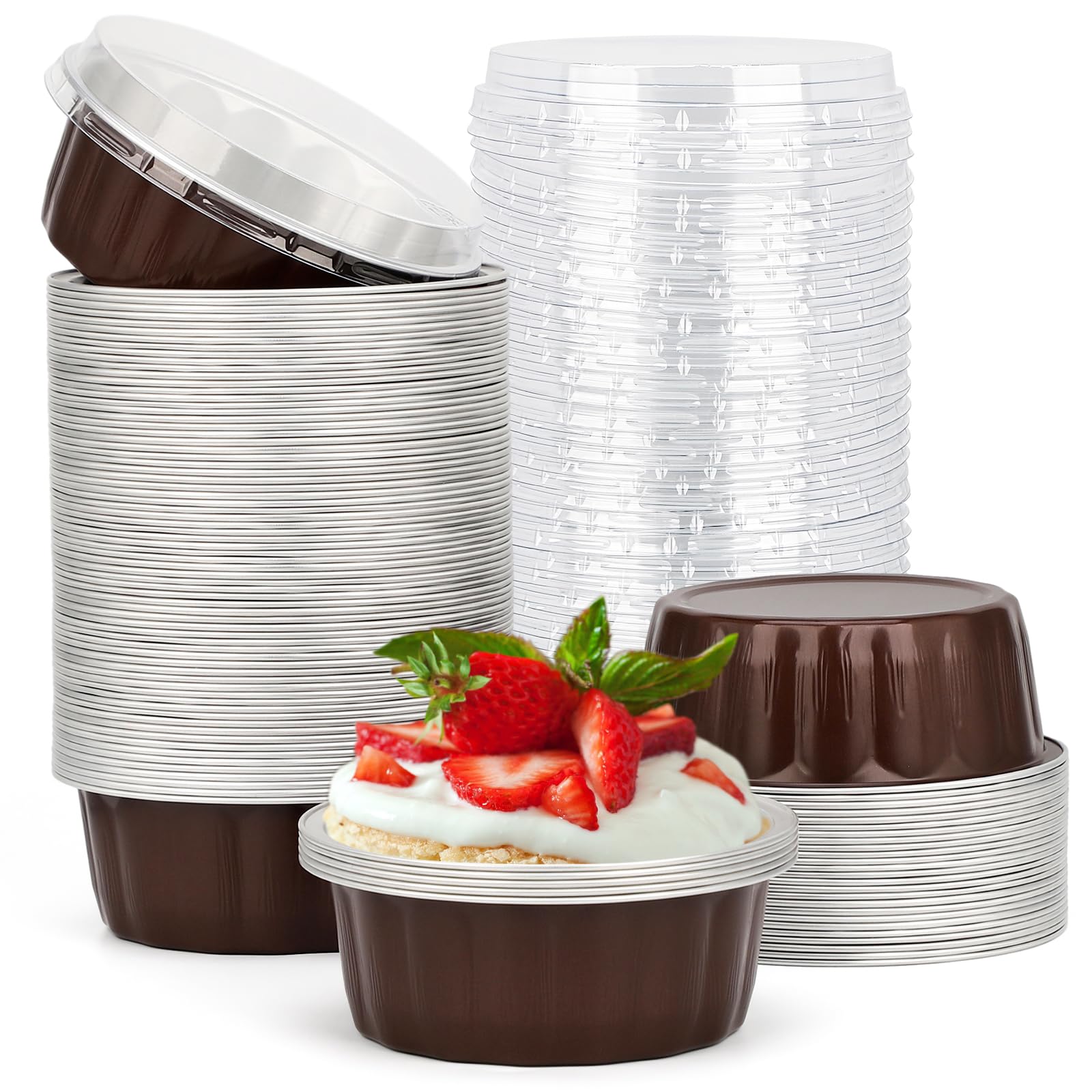 Photo 1 of ***ONLY LIDS, MISSING FOIL CUPS *** Beasea 8oz Disposable Ramekins, 100 Pack Aluminum Foil Cups with Lids, Baking Ramekin Cup Souffle Cup Muffin Cupcake Baking Cup Mini Pudding Cups for Party Wedding Birthday - Coffee Brown
