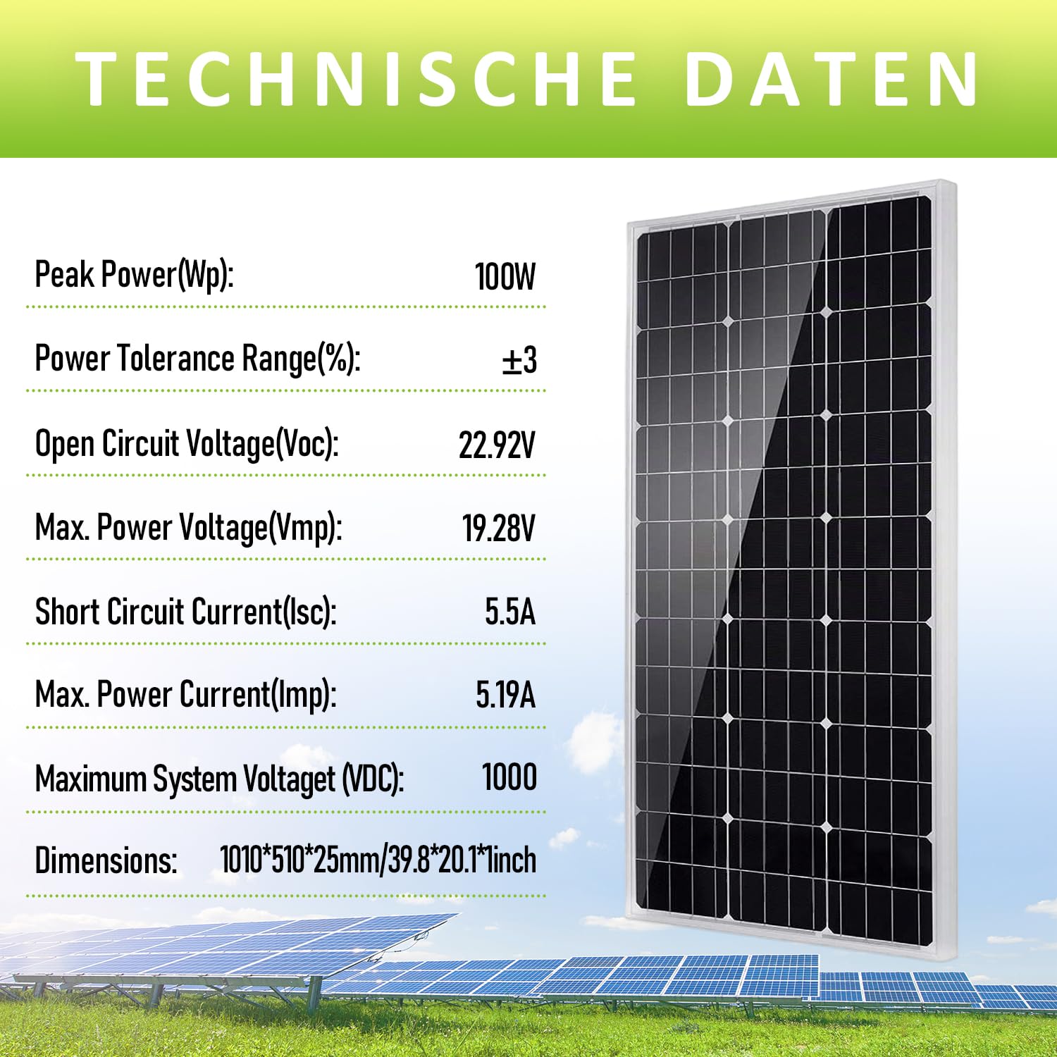 Topsolar 100W Solarpanel 12V mit Laderegler, Kabeln