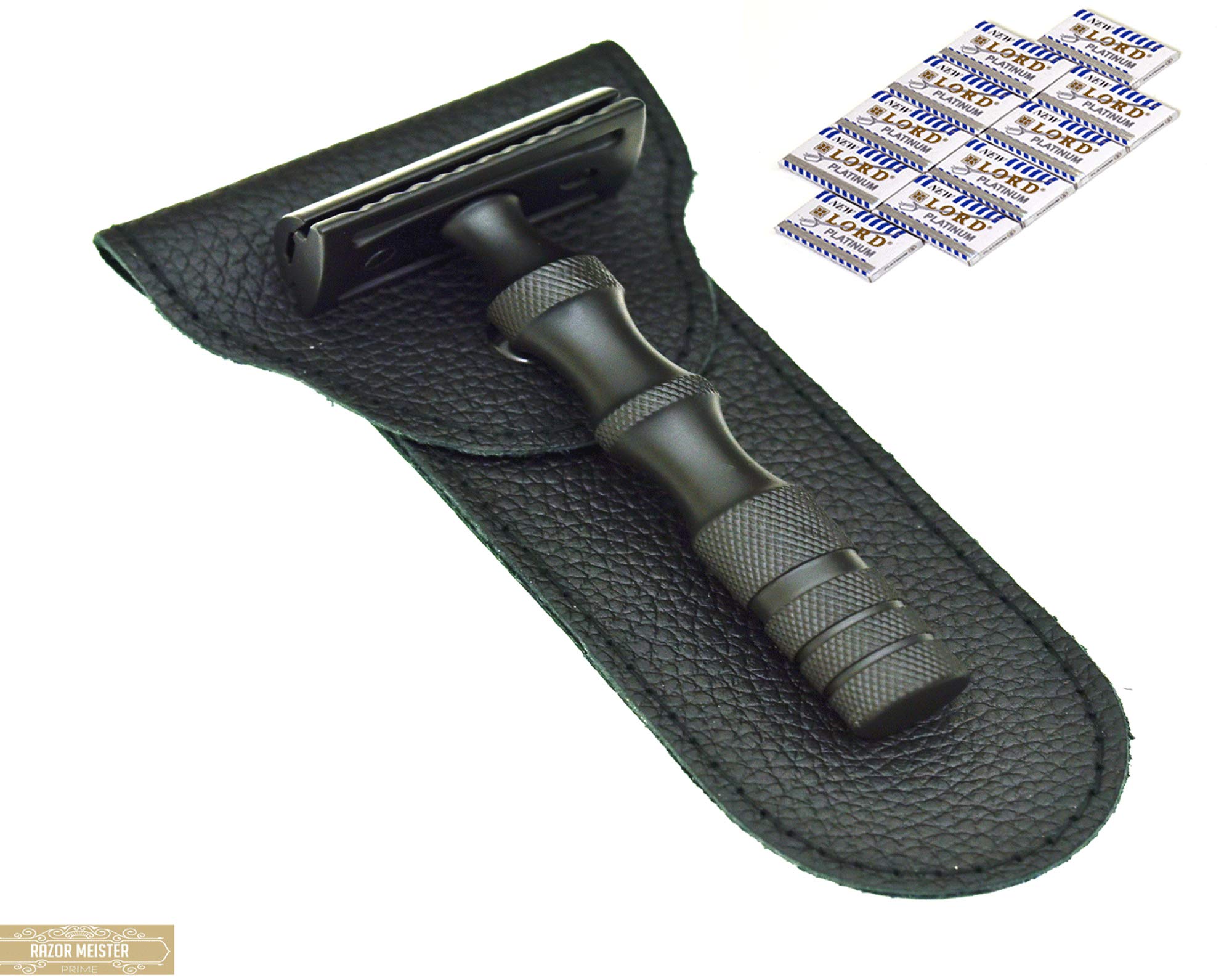 PRIME Safety Razor - 50 Safety Razor Blades - Double Edge Blades - RAZOR MEISTER Safety Razor Kit For Men & Women- Safety Razor Leather Case - German Stainless Steel - Ergonomic - black - Mild