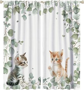 Retro Green Eucalyptus Blackout Curtains for Bedroom/Living Room, Leaves Cat Animal Curtains Rod Pocket Thermal Insulated Window Drapes, 2 Panels/Each 21" W x 45" L