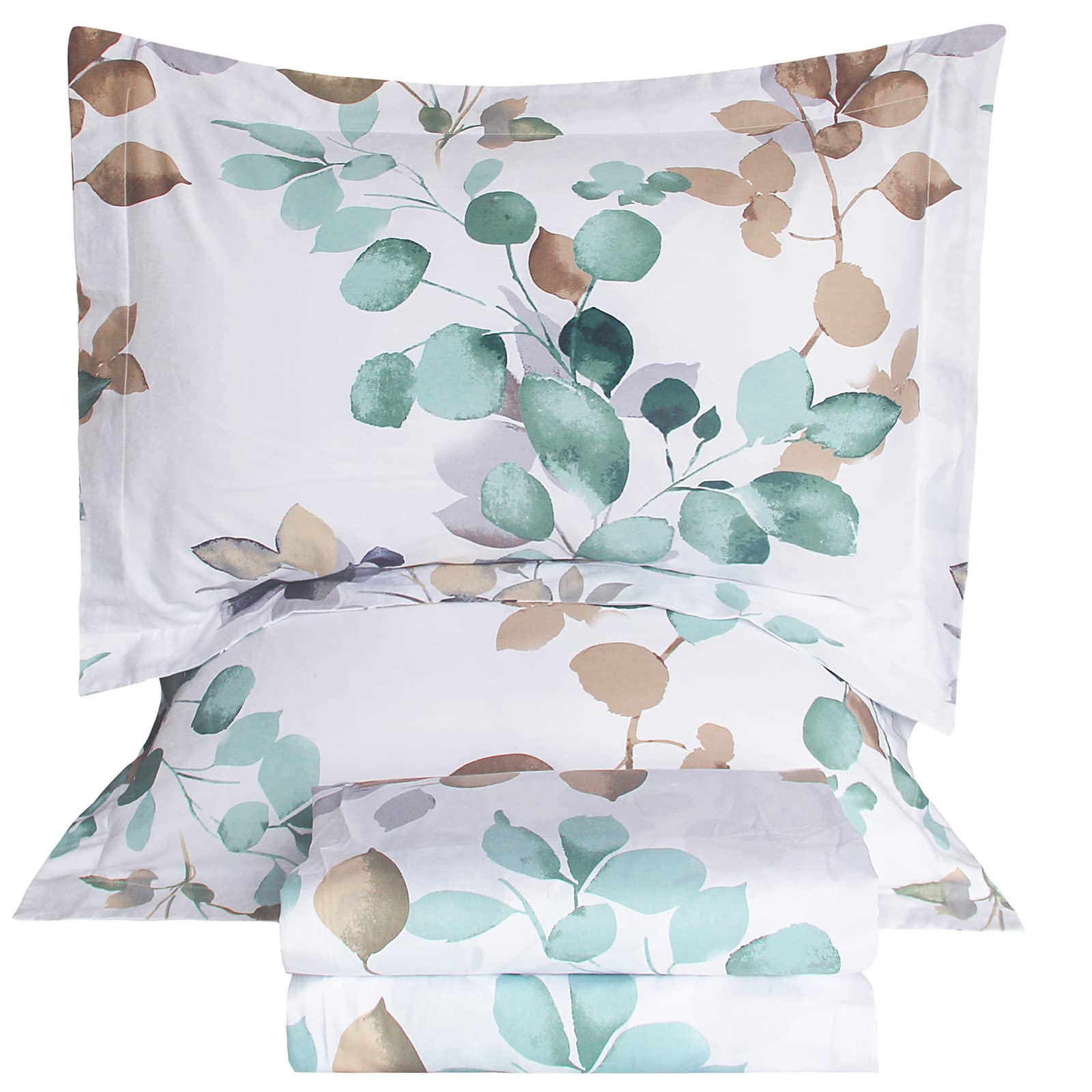 QSH 100% Cotton Sheets for Queen Size Bed, Gradient Teal Blue Leaves Plant Pattern Botanical Luxury Cotton Printed Floral Bedding Sheets Queen Soft and Breathable 4pcs Deep Pocket Sheet Set