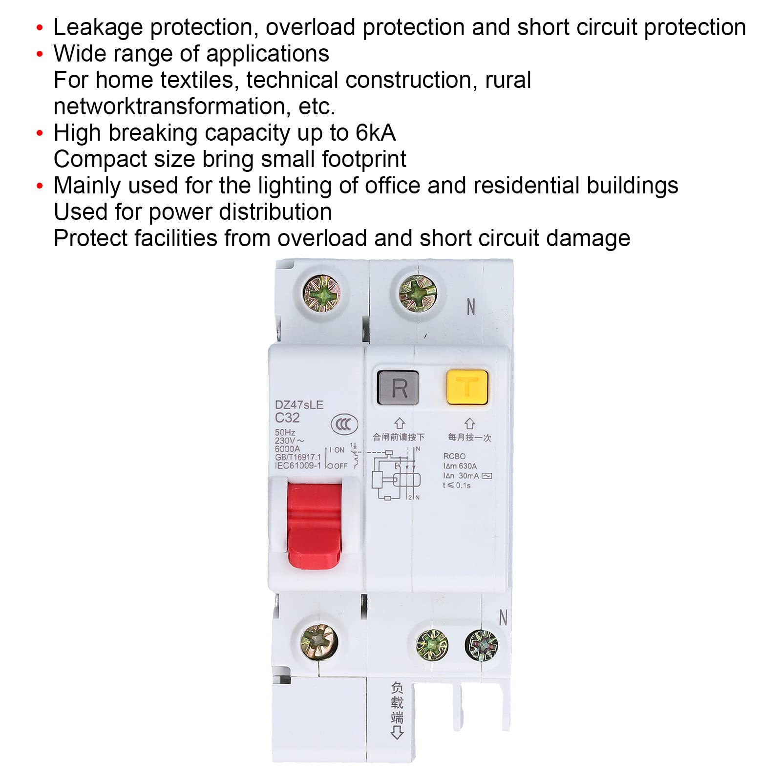 Disyuntor en Miniatura, DZ47sLE C32 1P+N Disyuntor de Montaje en Riel DIN Disyuntor de Aire de bajo Voltaje Protector contra Cortocircuitos con Clip de Bloqueo Biestable para Sistemas Eléctricos de Ba