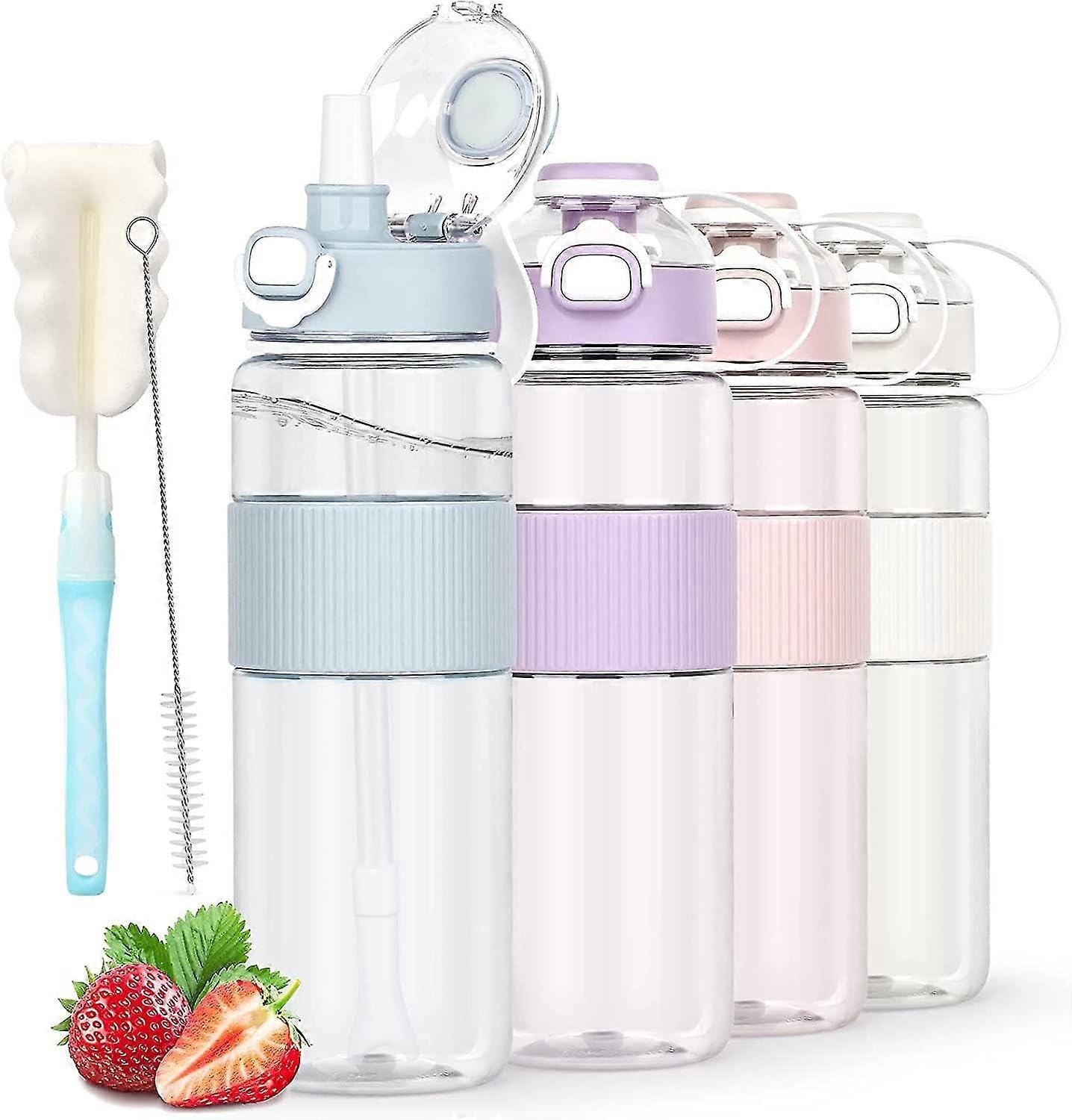 JOYHAPPST water bottle with straw, 1l with bottle brush and sticker, leakproof drinks bottle, bpa free clear water bottle