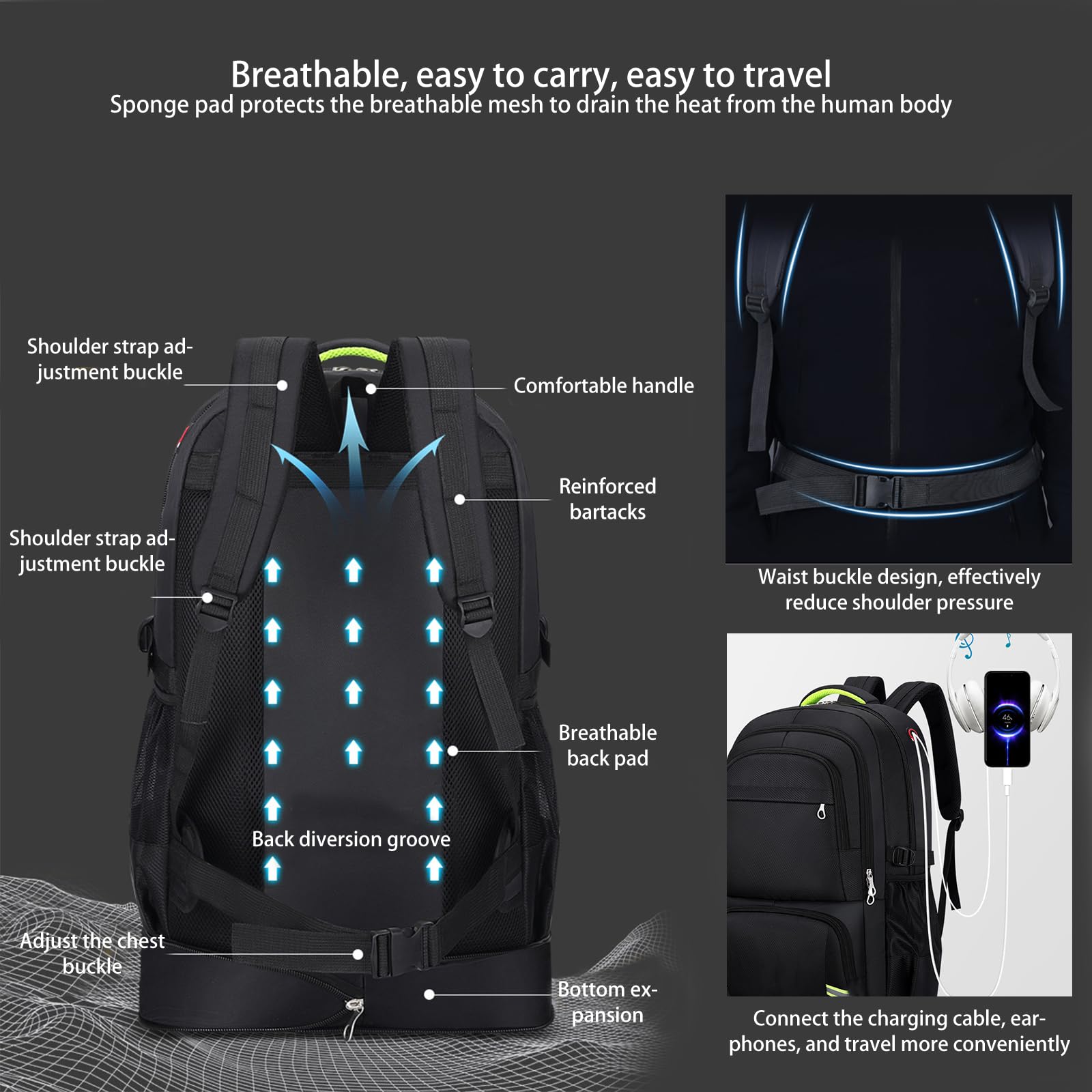 65L Zaino da trekking per gli uomini impermeabile espandibile Zaino da viaggio Bagaglio a mano Zaino casual zainetto grande zaino per il campeggio Sport all'aria aperta Trekking (nero)