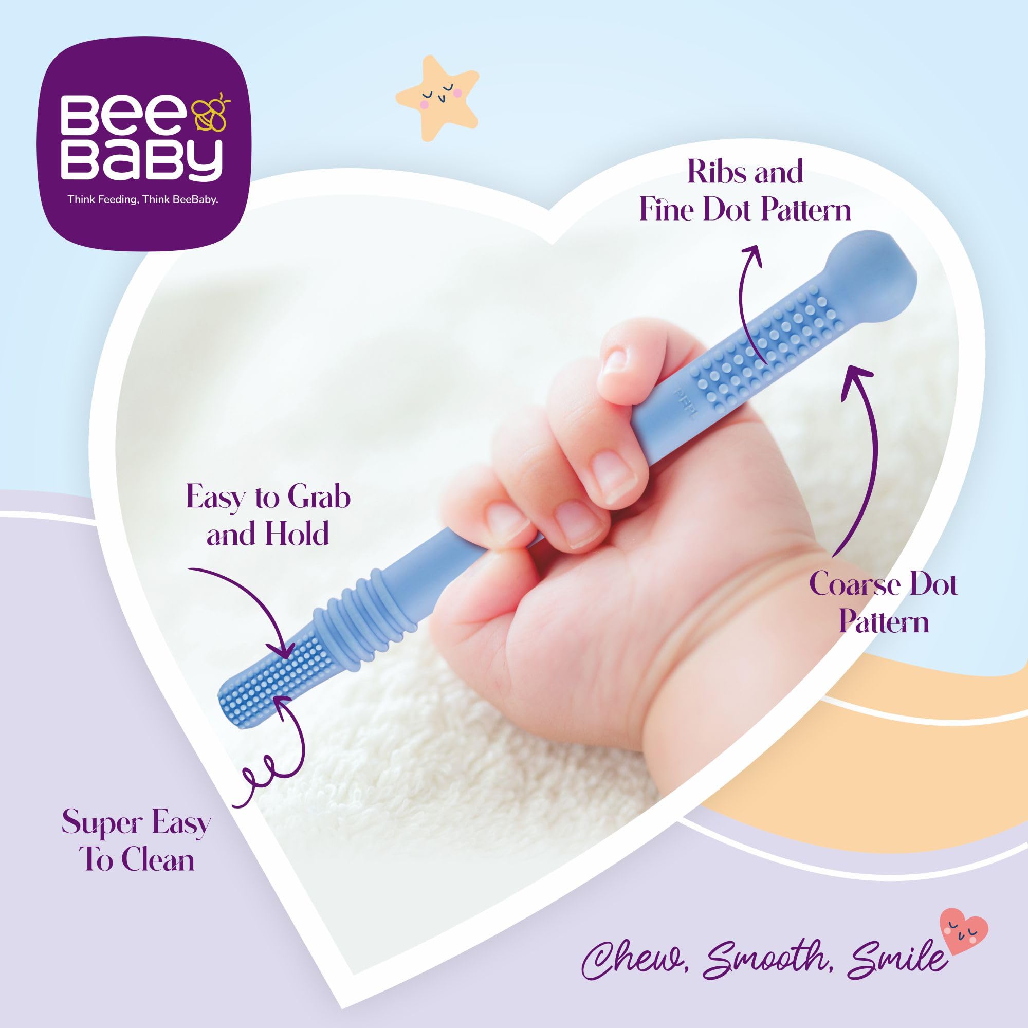 BeeBaby Teethers for 6 to 12 Months, Soft Silicone Baby Teether for Babies, BPA Free Food Grade Teething Toy with Textured Surface for Gum Relief, Infant Chew Toy with Carry Case, BIS Certified 1