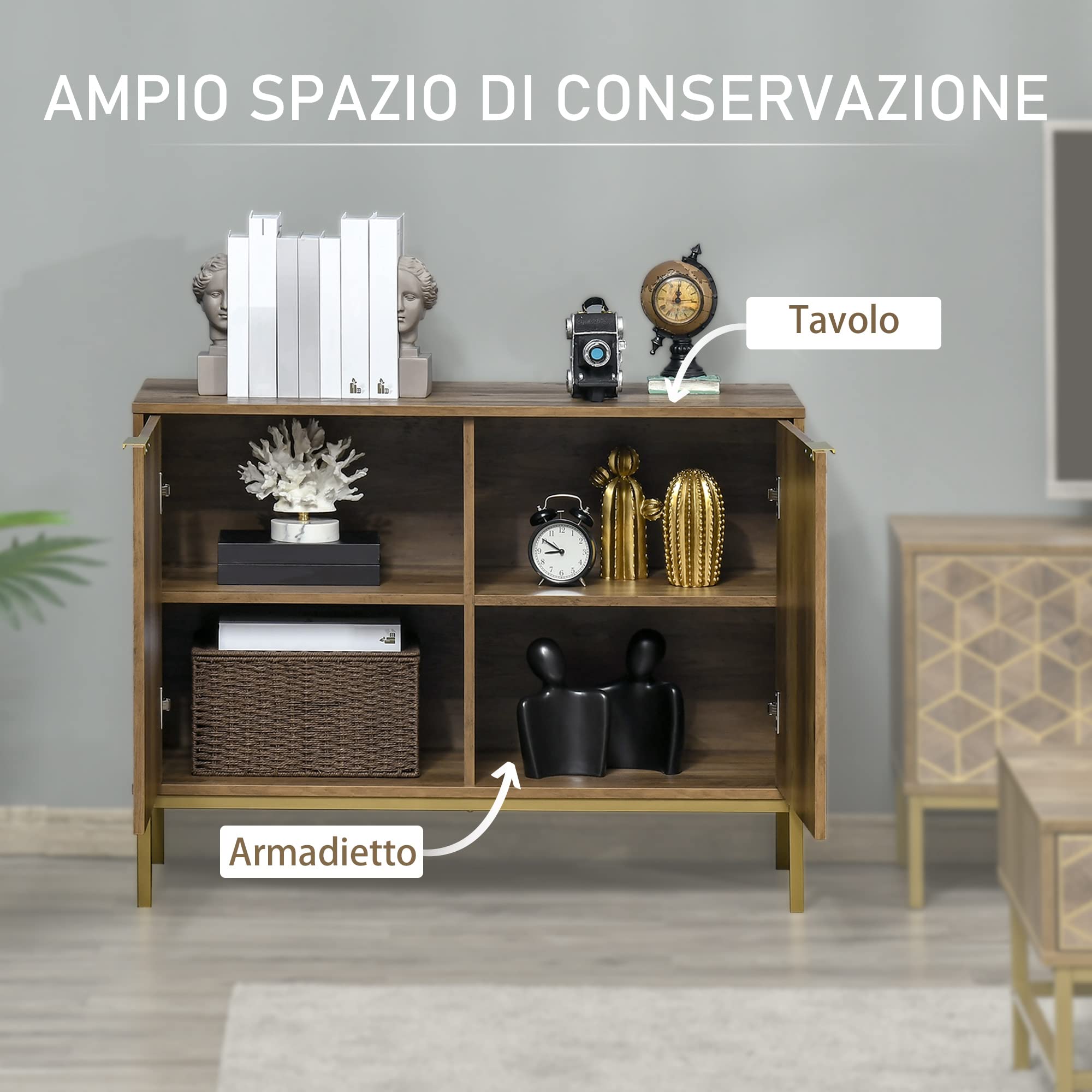 HOMCOM Mobile da Ingresso e Salotto Credenza 2 Ante in Legno 99x39x75.5cm | Moderna, Decori Dorati, Gambe in Acciaio