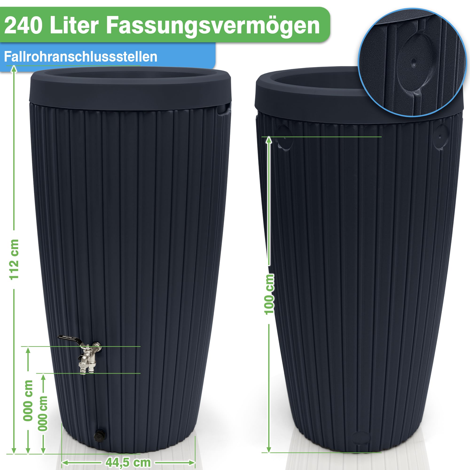 YourCasa Regentonne 240 Liter [RainCatcher] Messing Wasserhahn & Deckel - Regenfass Frostsicher aus Kunststoff - Regenwassertonne - Regenwassertank Garten Wassertank Regensammler Wasserfass (Graphite)