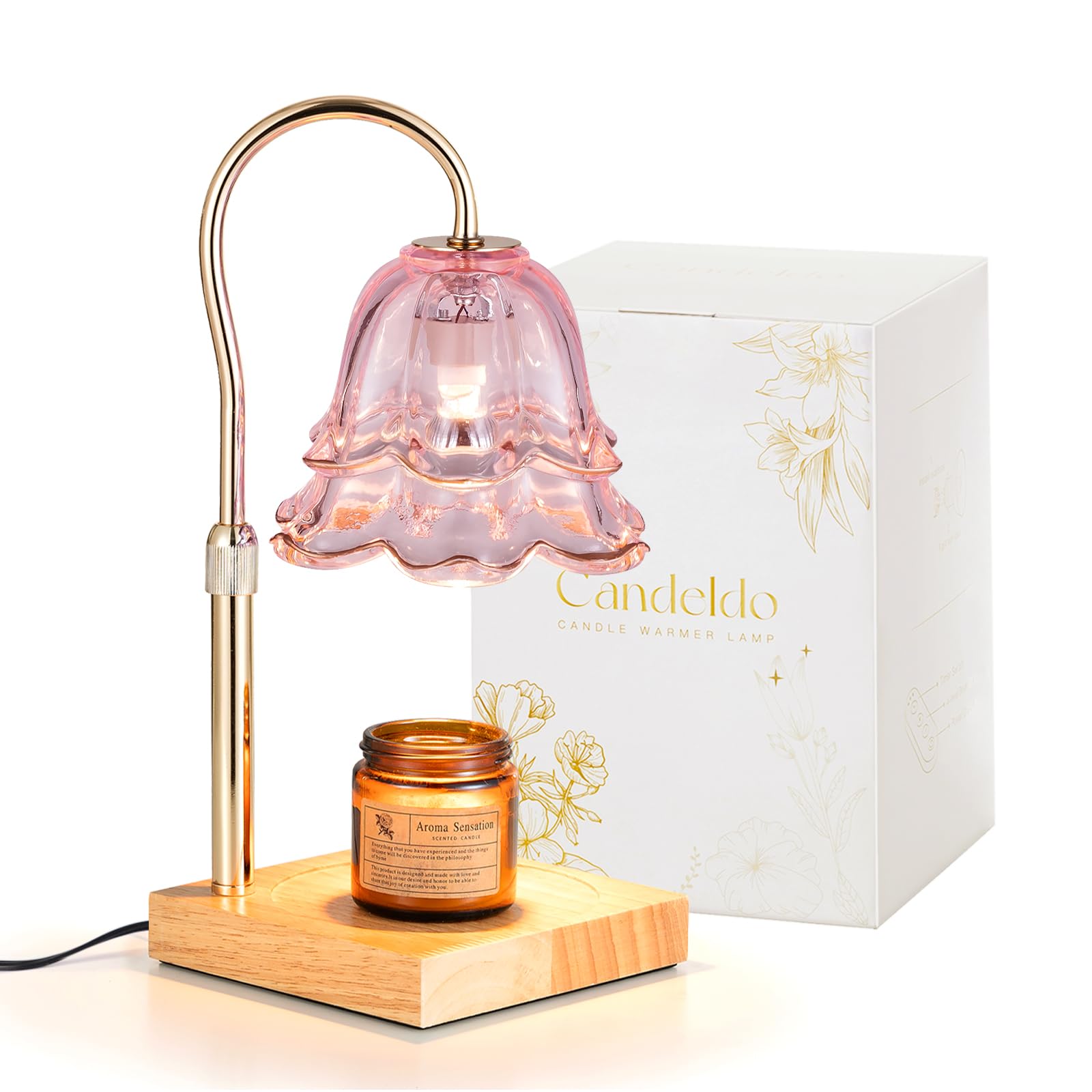 Candeldo Candle Warmer Lamp with Timer: Pink Flower Candle Lamp with 2 Bulbs Height Adjustable Home Bedroom Decor House Warming Gifts New Home for Women