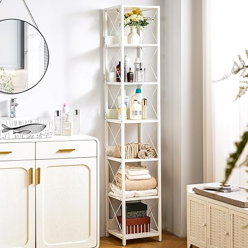 Miniatura 7 de IBUYKE Estantería alta y estrecha de 6 niveles, estante esquinero de madera para espacios pequeños, estantería abierta de pie libre, torre cuadrada