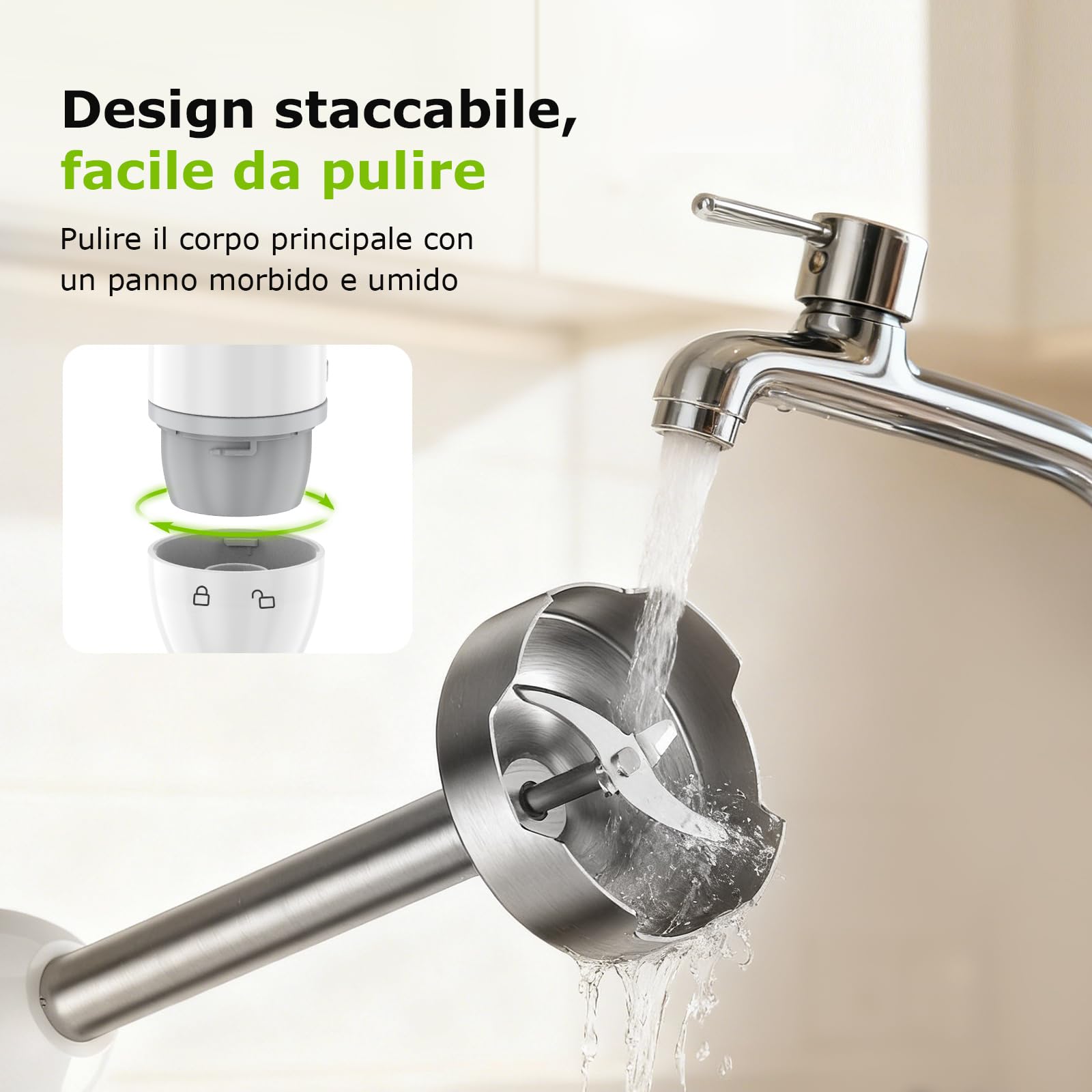 Bonsenkitchen Frullatore a Immersione 2 in 1, 1000 W, Frullatore in acciaio inox, 2 Velocità, con Misurino da 700 ml con Coperchio, per Pappe, Zuppe, Frullati, Puree