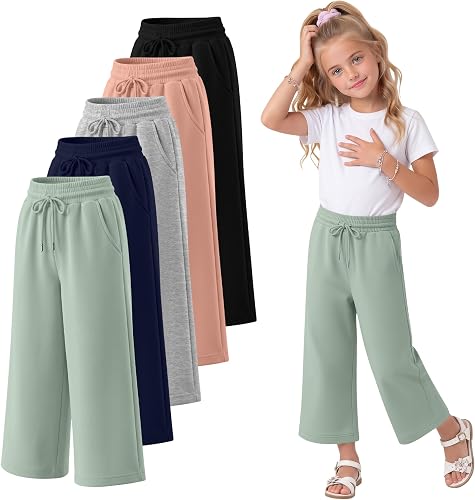 LessonZoo 5 Pack Girls Capri Pants Wide Leg Loose Fit Cropped Sweatpants Drawstr