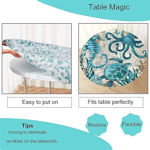 Miniatura 9 de Mantel redondo ajustable de grano de madera, mantel de borde elástico para exteriores, para fiestas, comedor, hogar, picnic, se adapta a mesas de