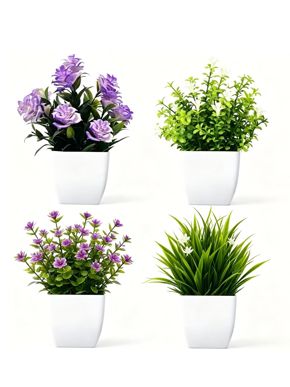 Fake Plants,Set of 4 Pack Small Artificial Faux Greenery with Flower Plants Indoor Outdoor,Plastic Artificial Plants for Indoor & Outdoor Decor, Living Room, Bathroom, Office, Desk, Garden & Home Pots