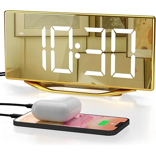 Digital Alarm Clock for Bedrooms, Slim LED Desk Clock with Gold Mirror Finish, 7 Levels Brightness, Dual USB Ports, Snooze, 12/24H, 8.7" Large Display Modern Bedside Clock for Home Office Decor