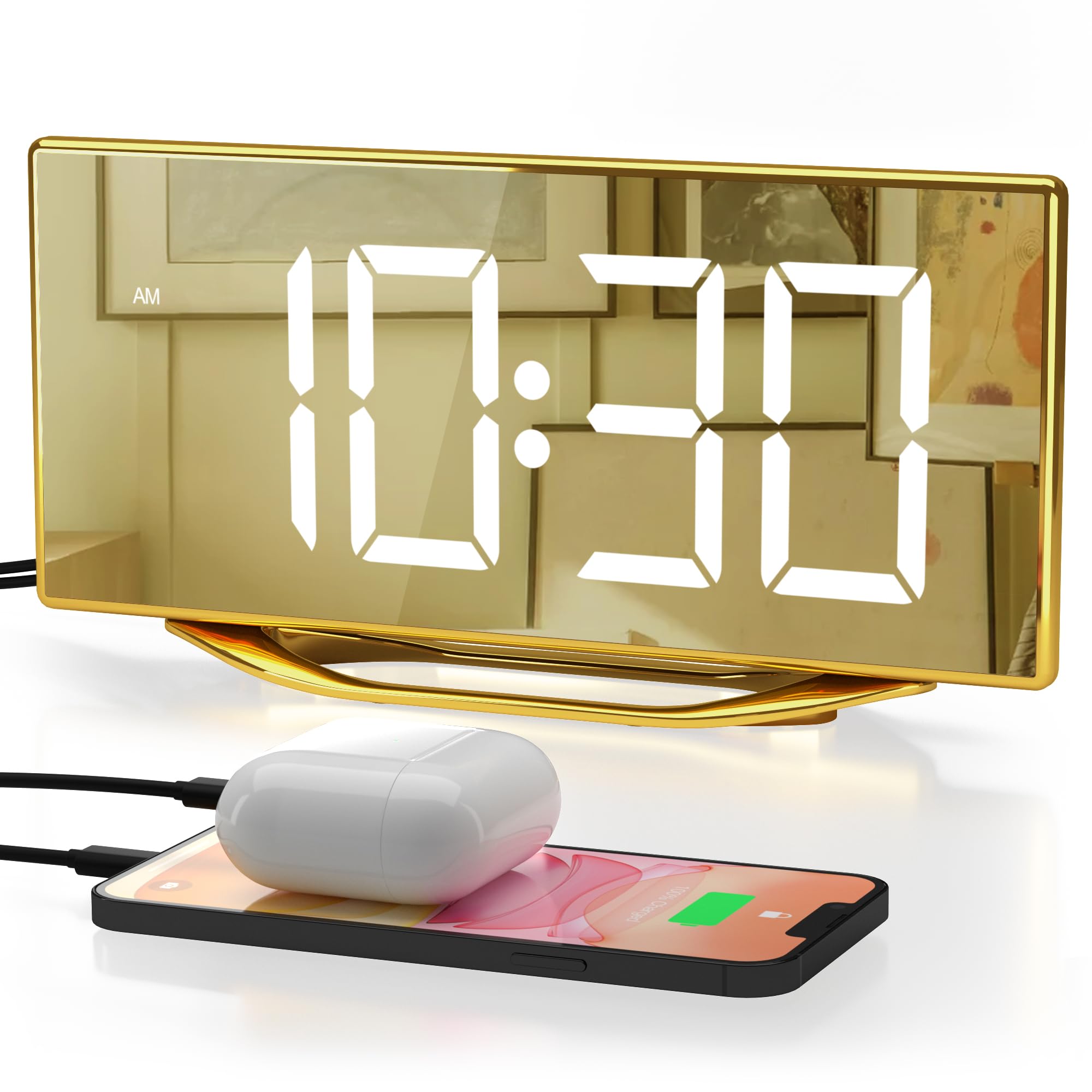Digital Alarm Clock for Bedrooms, Slim LED Desk Clock with Gold Mirror Finish, 7 Levels Brightness, Dual USB Ports, Snooze, 12/24H, 8.7" Large Display Modern Bedside Clock for Home Office Decor