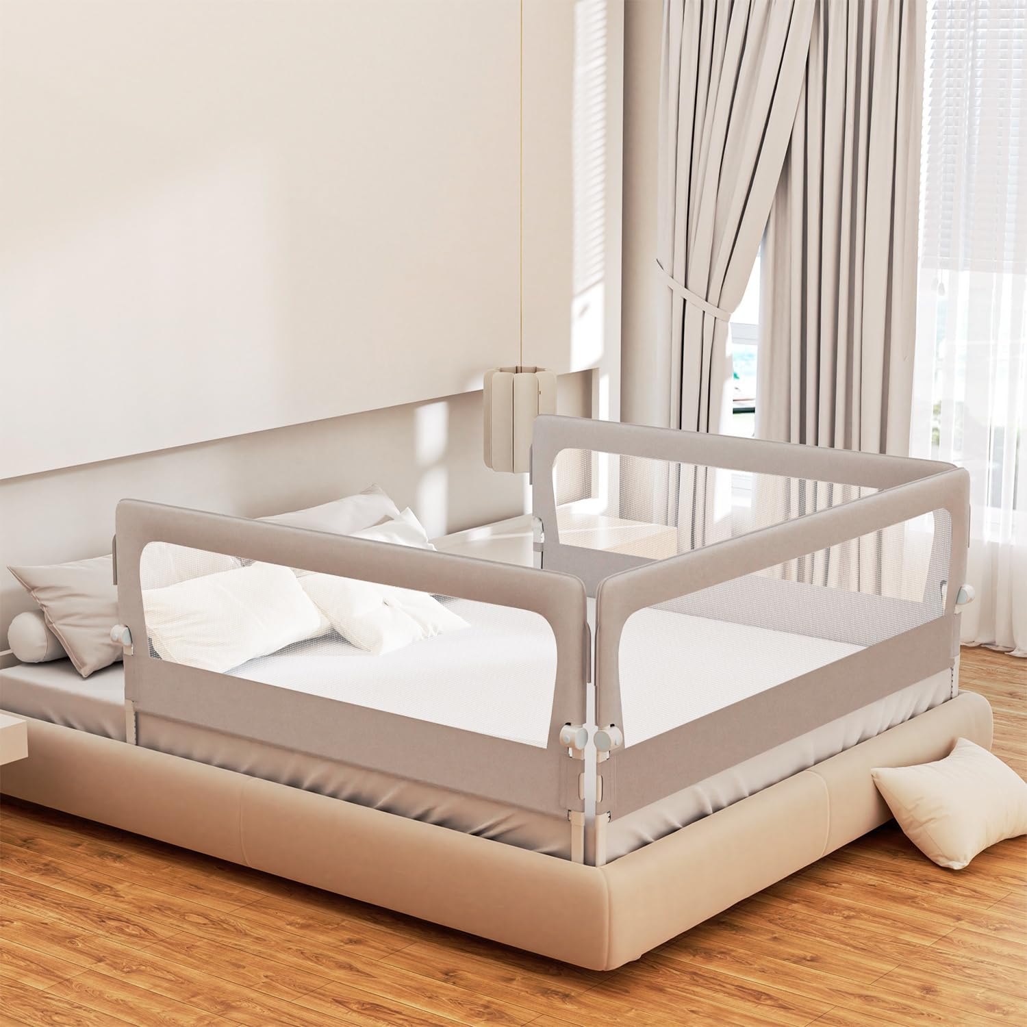 Bettgitter Set 2x200 cm + 1x150 cm, Faltbarer Rausfallschutz, 72-86 cm höhenverstellbar, Bettschutzgitter und Seitenschutz für Kinderbett, Familienbett und Kleinkinder, mit Gurt, Grau