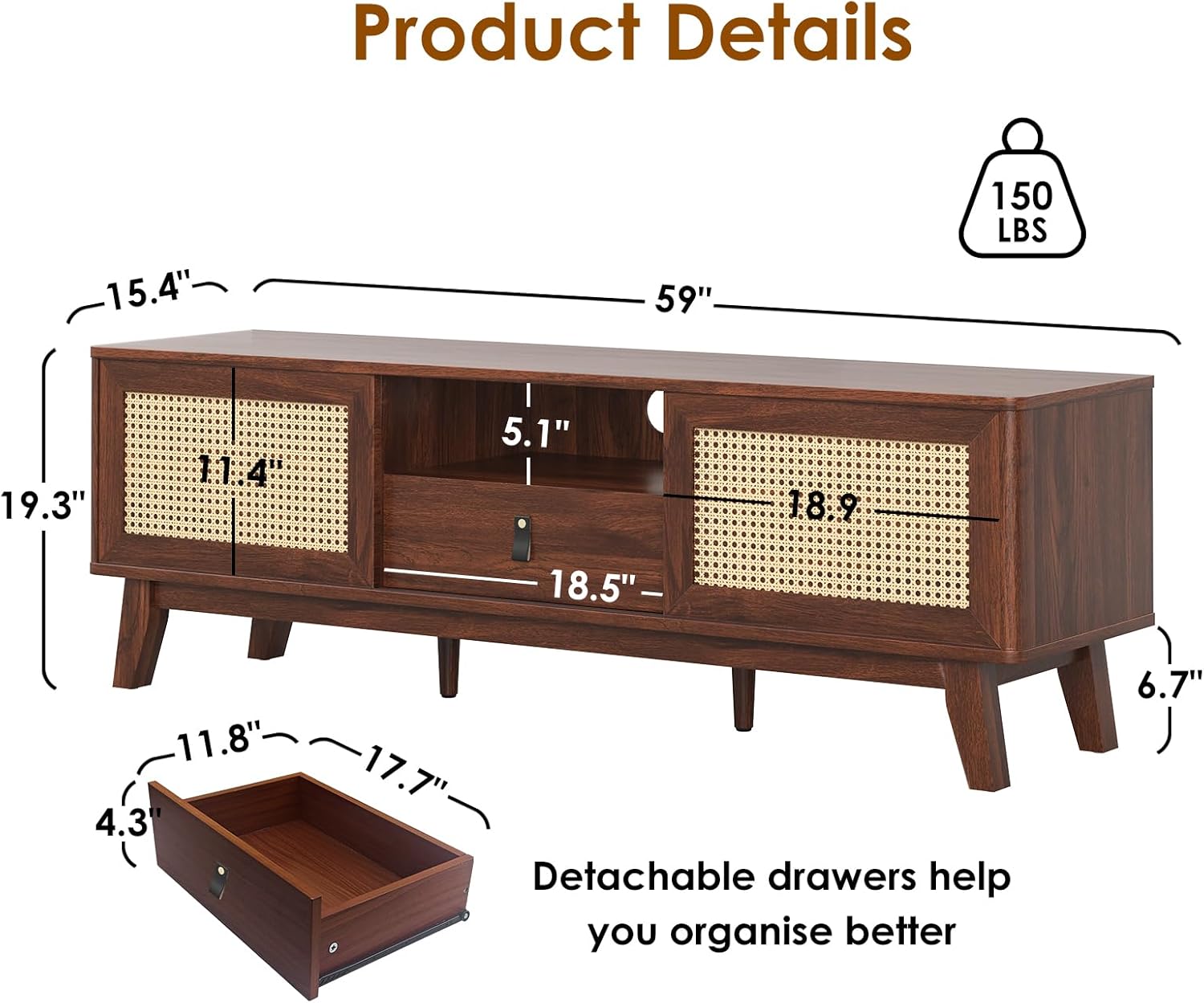 Soohow Rattan TV Stand for TVs, Wood TV Stand Mid Century Modern TV Stand TV Media Console with Drawer and 2 Cabinets, Boho Entertainment Center for Living Room - Image 2