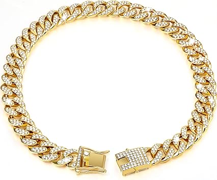 Tallew Gold Dog Chain Diamond Collar Walking Metal Chain Necklace with Secure Buckle Pet Cuban Style Collar Jewelry Accessories for Small Medium Large Dog Cats14 inch