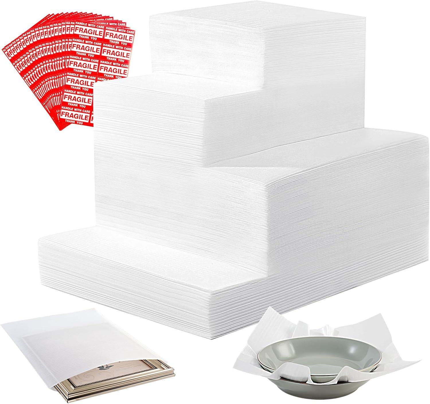 515Pcs Dish Packing Supplies for Moving, 275 Cushion Foam Pouches & Sheets 4 Sizes (7.8"x7.8", 12"x7.8", 12"x12", 16"x12") with 240 Fragile Stickers Plate Packing Sleeves for Moving, Shipping, Storage
