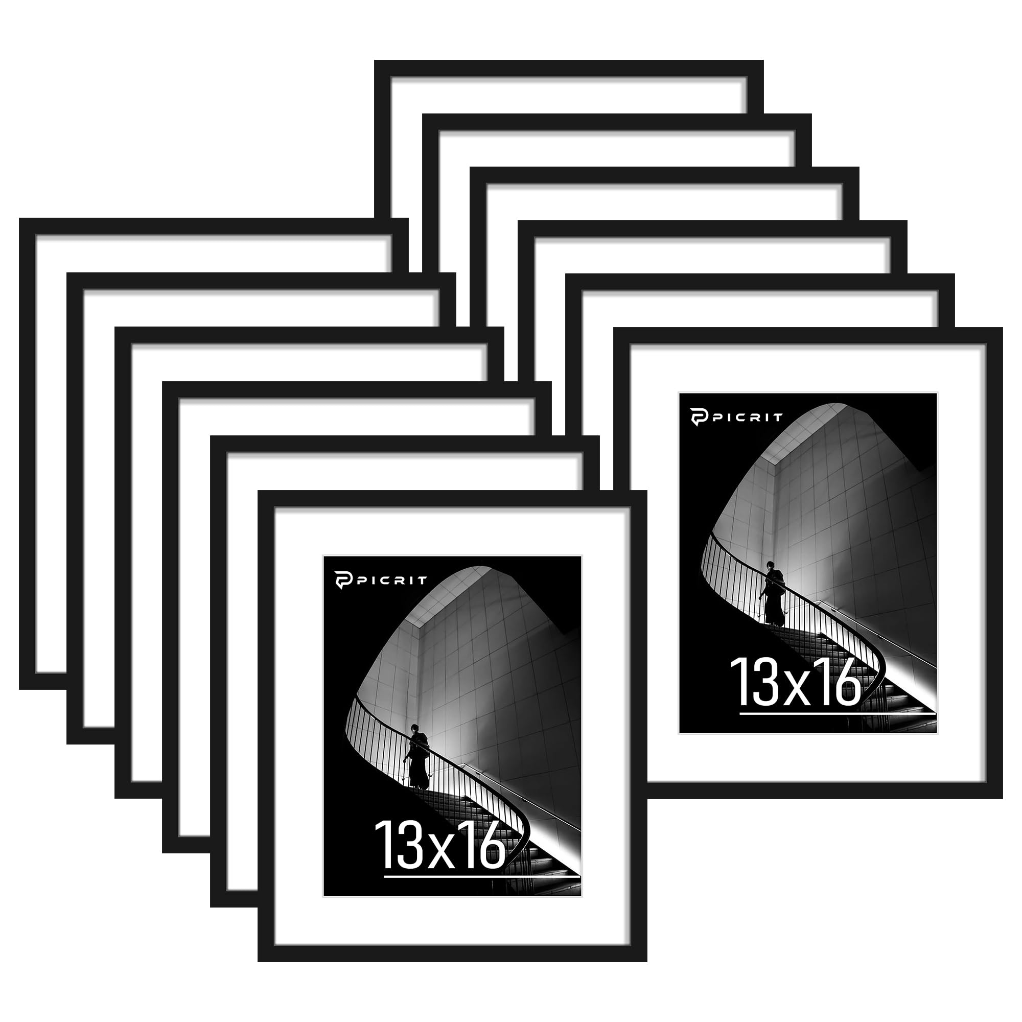 picrit 13x16 picture frame set of 12 display 10 x 13 with mat or 13 x 16 without mat photo frames for wall mounting display black black 13x16