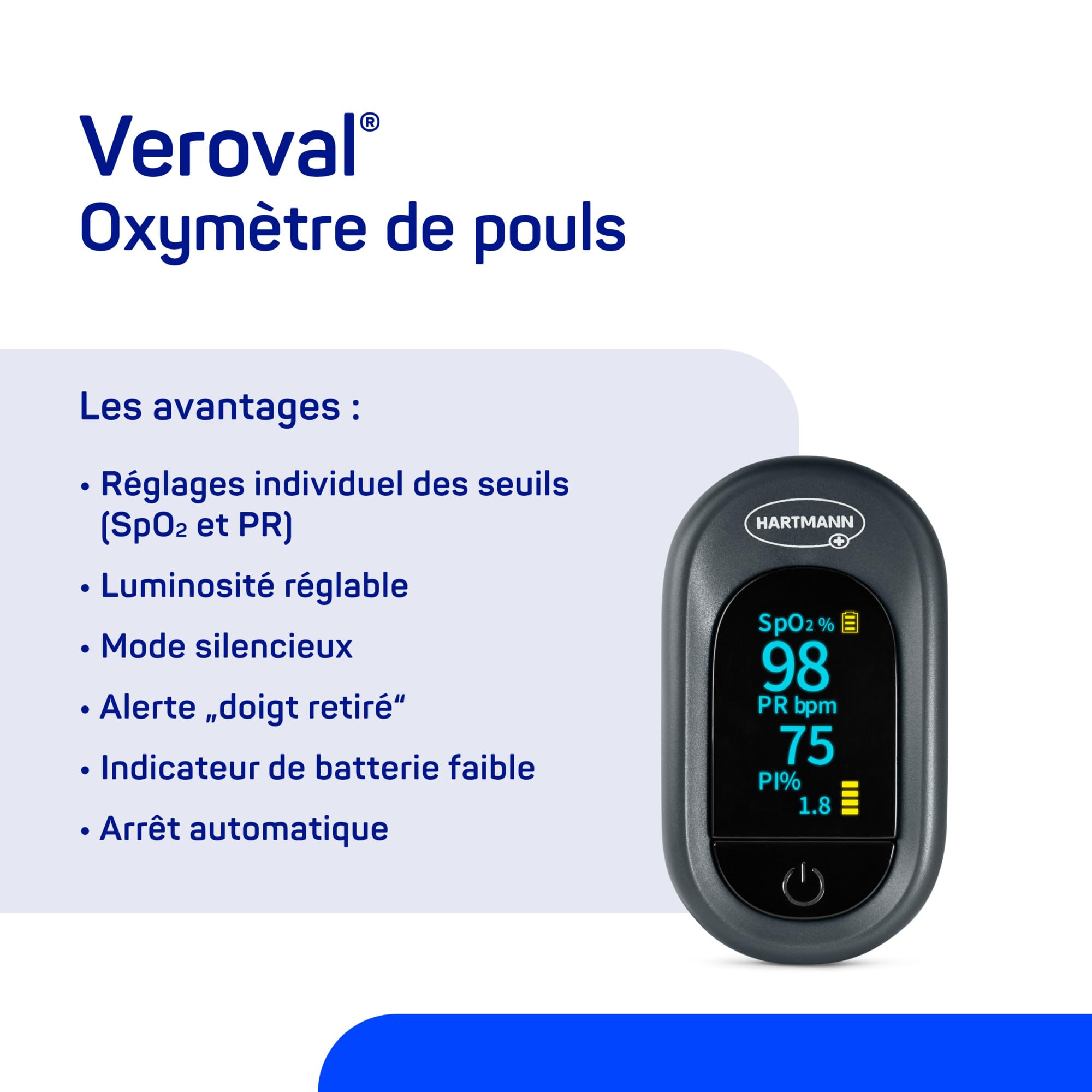 Veroval Oxymètre de Pouls - Mesure de la Saturation en Oxygène, de la Fréquence Cardiaque et du Débit Sanguin au Niveau du Doigt - Ecran OLED Premium - 1 Pièce