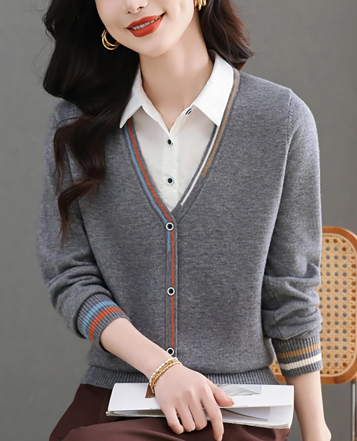 LAI MENG FIVE CATS Women's V-Neck Casual Collared 2 in 1 Pullover Top Long Sleeve Shirt Striped Contrast Blouse - Image 2