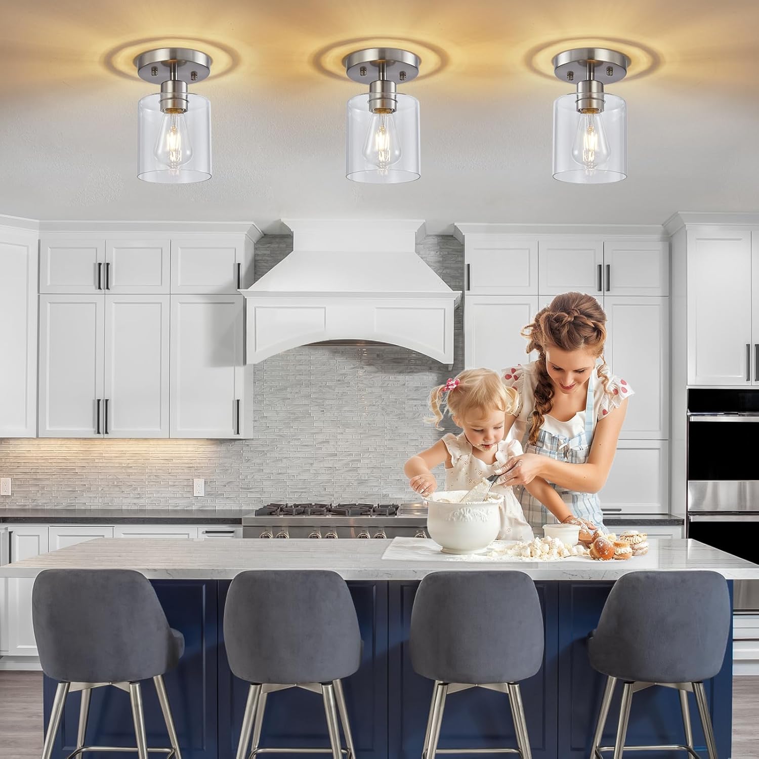 YYT Brushed Nickel 1-Light Semi Flush Mount Ceiling Light Fixtures Small Kitchen Ceiling Lights with Clear Glass Shade for Hallway Entryway Closet Bedroom Bathroom (Pack of 3)