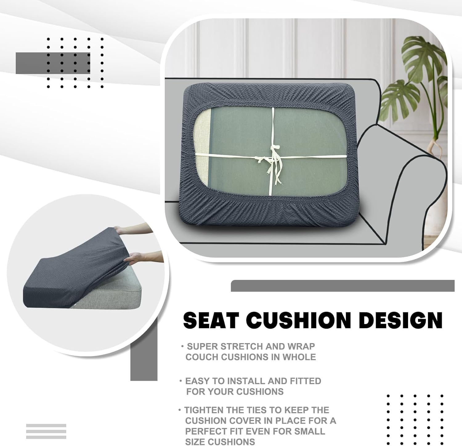 ZNSAYOTX Stretch Individual Cushion Covers Sofa Cushion Couch Seat Covers Slipcovers Soft Replacement Unique Pattern Furniture Protector with Elastic Bottom (Dark Gray, 3 Pc Cushion Cover)