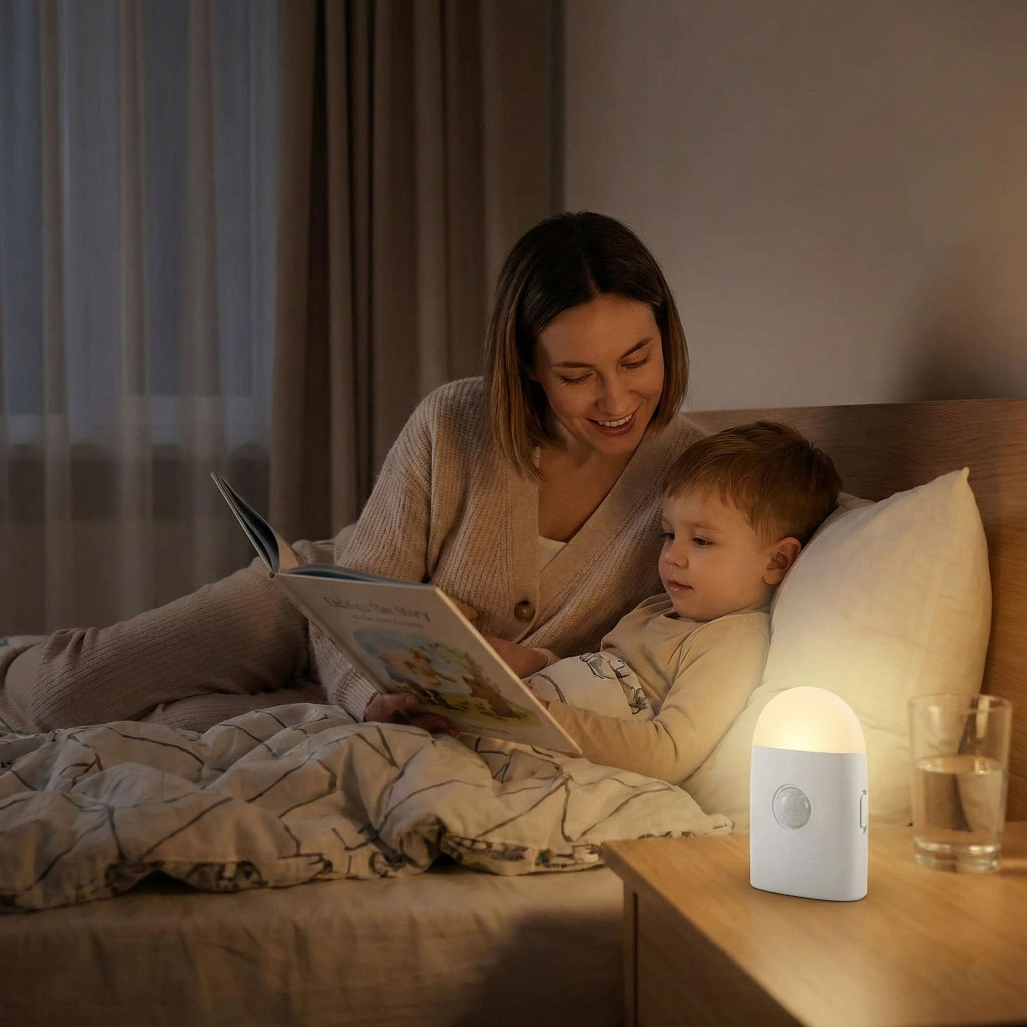 BXROIU Lampka nocna LED z czujnikiem ruchu, ładowana bateria, możliwość ściemniania, 3 poziomy jasności, lampka nocna, czujnik światła do sypialni, szafy, korytarza, schodów (1 sztuka)