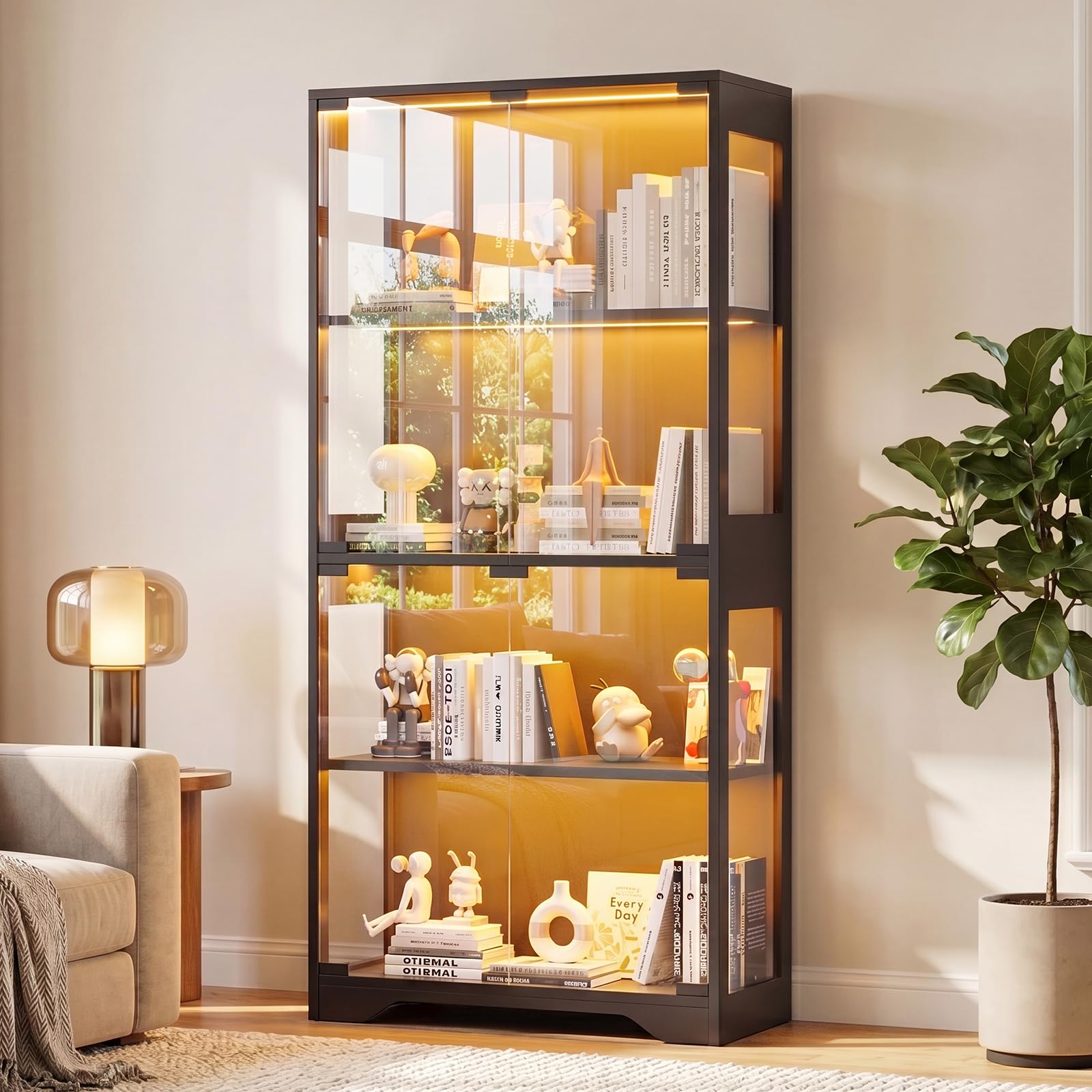 JUMMICO Vitrina de Cristal con LED,Armario Expositor de Estructura Metálica con 4 Estantes, Mueble Anti Polvo para Coleccionables, Libros y Figuras Decorativas para Salón y Dormitorio