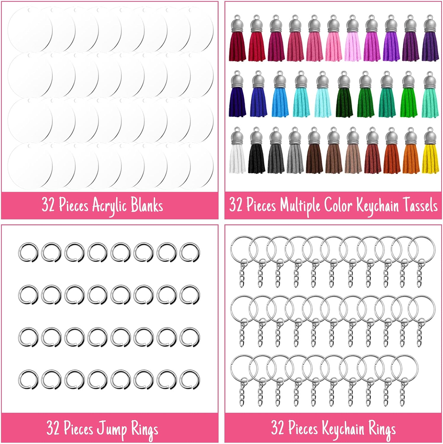 CH HAICHENG Acrylic Keychain Blanks, 128 PCS Keychain Kit with 32pcs Acrylic Blanks, 32pcs Keychains Tassels, 32pcs Key Chain Rings and 32pcs Jump Rings