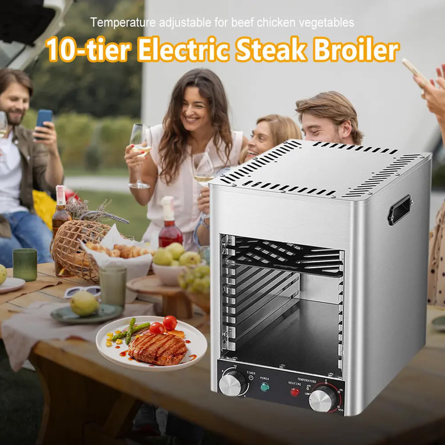 Griglia Elettrica per Bistecche, Grill Commerciale per Bistecche, con Timer e 9 Impostazioni di Altezza, Grill da Banco in Acciaio Inossidabile per Bistecche, Agnello, Frutti di Mare, Barbecue