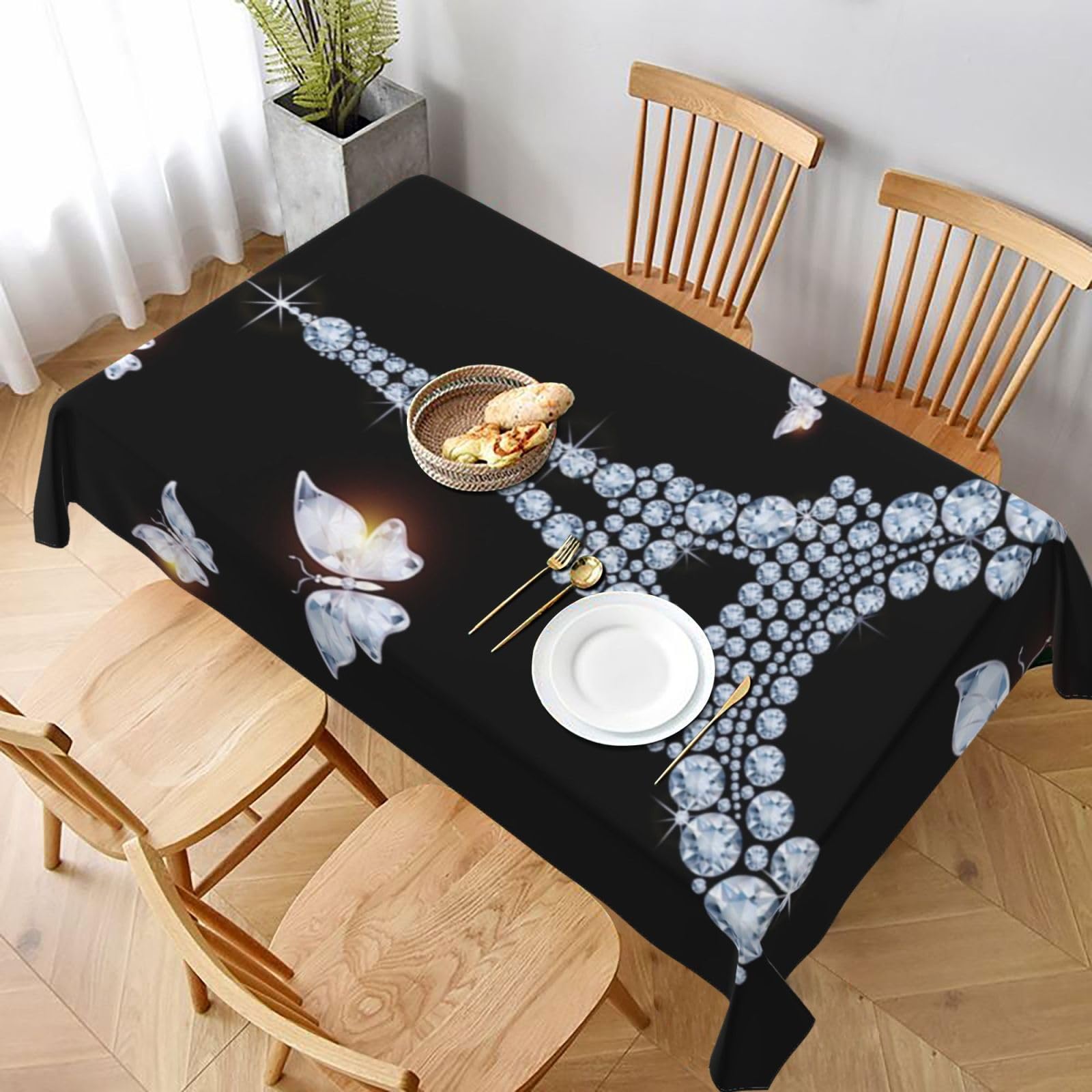 BNVSADC Eiffel Tower Printed Rectangle Tablecloth 228x152 CM, Water Resistant Polyester Table Cloth Decorative Fabric Table Covers for Kitchen Dining Table Parties Camping