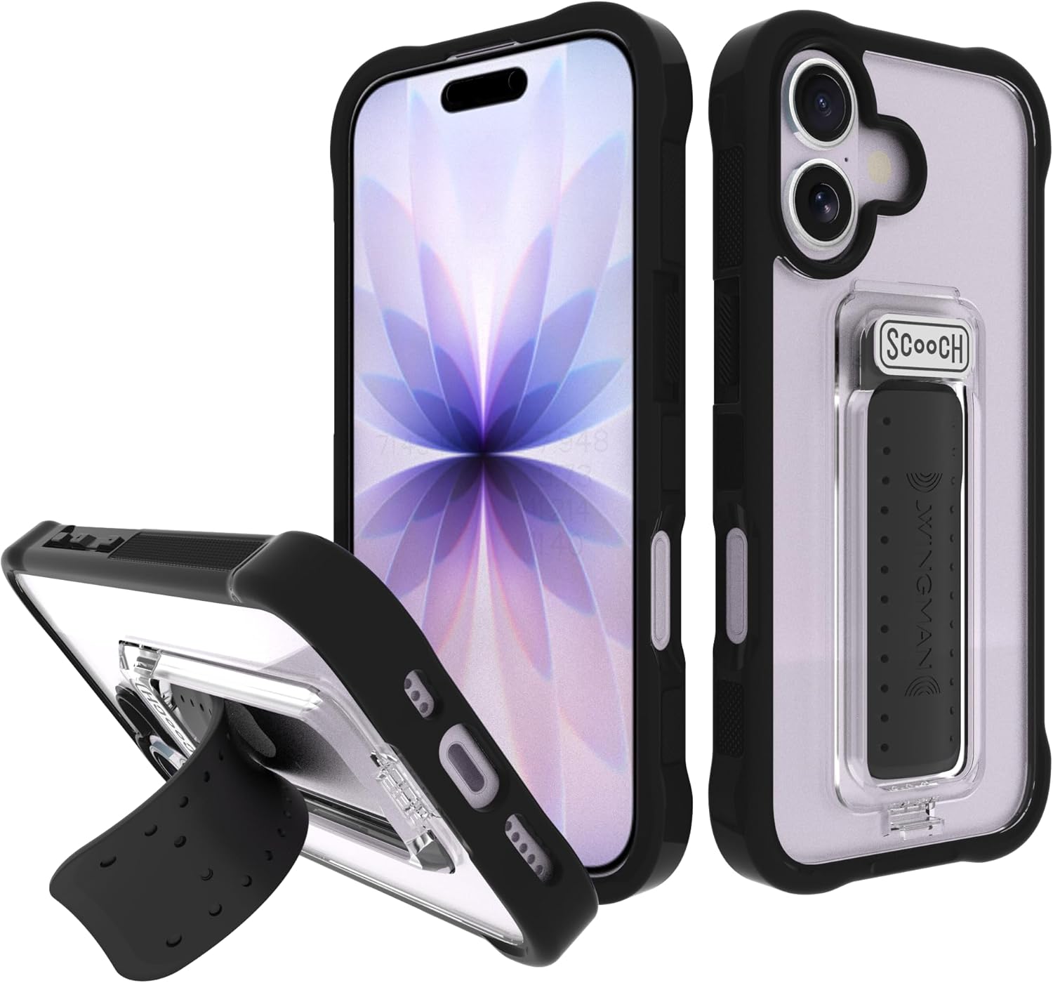 Scooch for iPhone 17 Case with Stand, Wingman 5-in-1 Kickstand Case, Military Grade Drop Protection, Pop-Out Kickstand, Grip, Car Mount, Tuxedo Clear