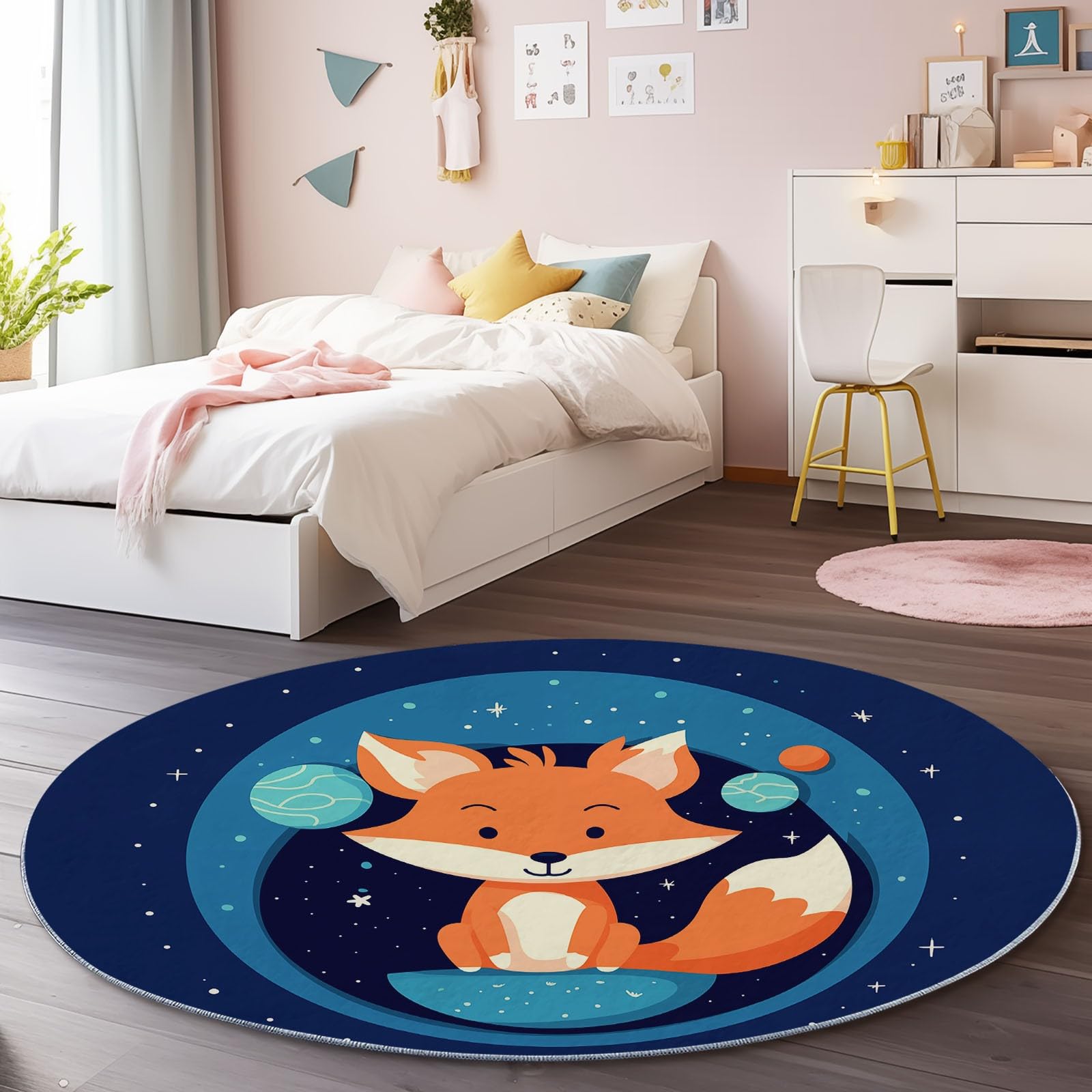 Generisch Waschbar Runder Teppich 120 cm, Dunkelblau Weich Kurzflor Runde Teppiche für Schlafzimmer Eingang Schmücken - Niedlich Cartoon Tier Fuchs Muster rutschfest Pflegeleicht Teppich