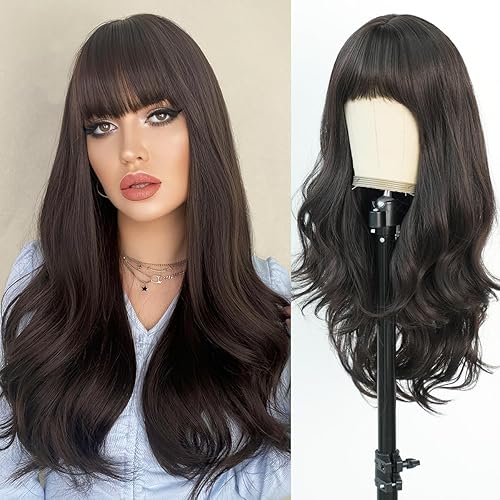 Peluca larga negra ondulada para mujer, peluca sintética de color oscuro con flequillo, resistente al calor, peluca ondulada de aspecto natural sin