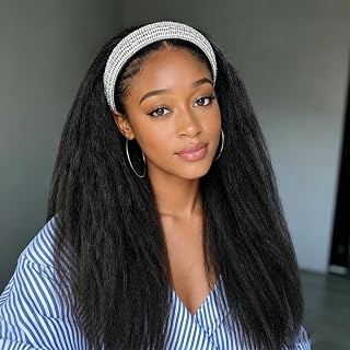 Kinky Straight Headband Wigs for Black Women, Yaki Straight Half Wigs Soft Natural Wigs Glueless & No Lace Front Synthetic Wigs with Black Headband for Daily Party (Natural Black 1, 20 Inch)