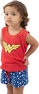 Baby Doll Akira Fitness Pijama Mulher Maravilha Infantil Feminino Curto Regata Vermelho e Short Azul 100% Algodão
