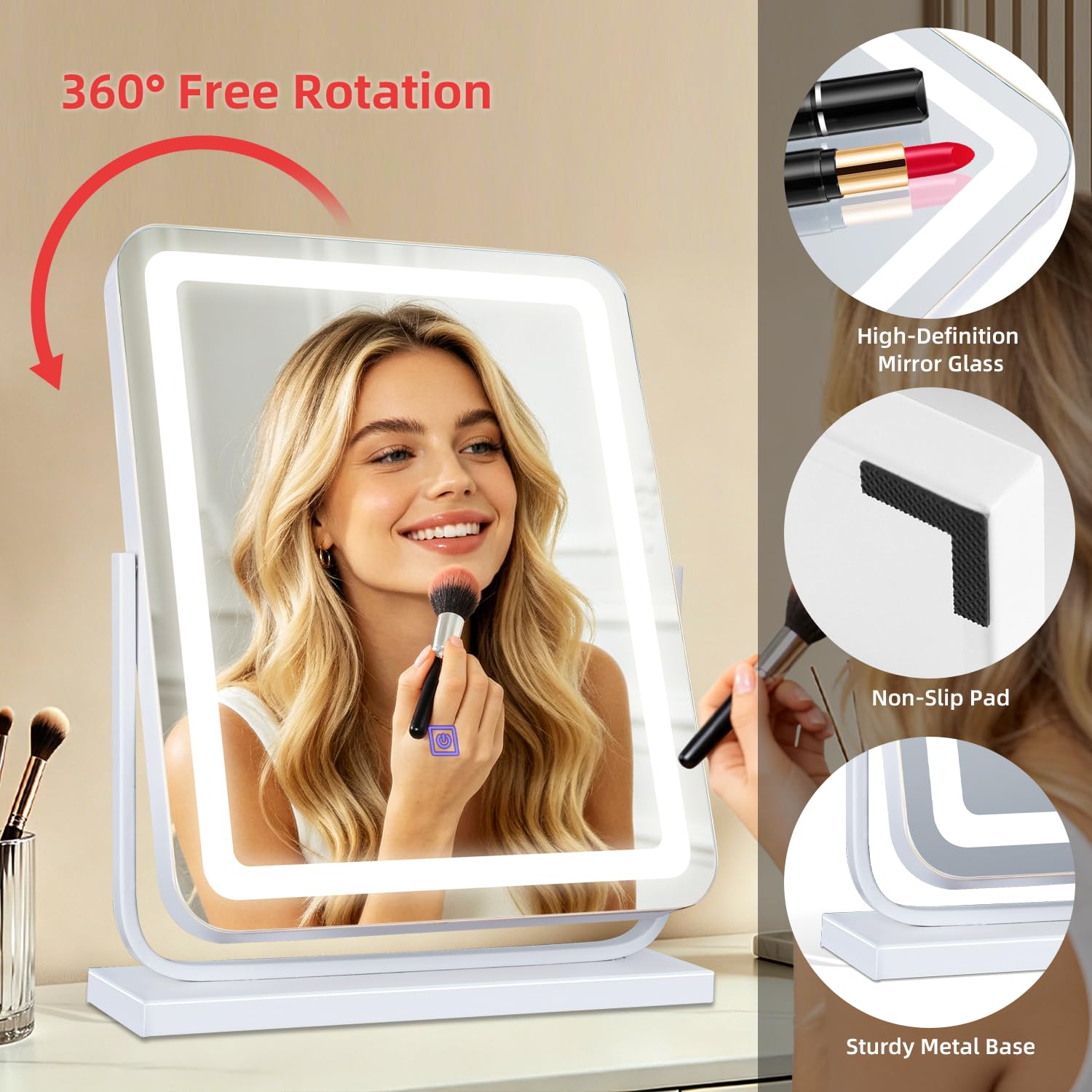 MantoLite Specchio cosmetico, dotato di illuminazione a tre livelli, girevole a 360 gradi e specchio cosmetico da tavolo dimmerabile, adatto per camere da letto e bagni.