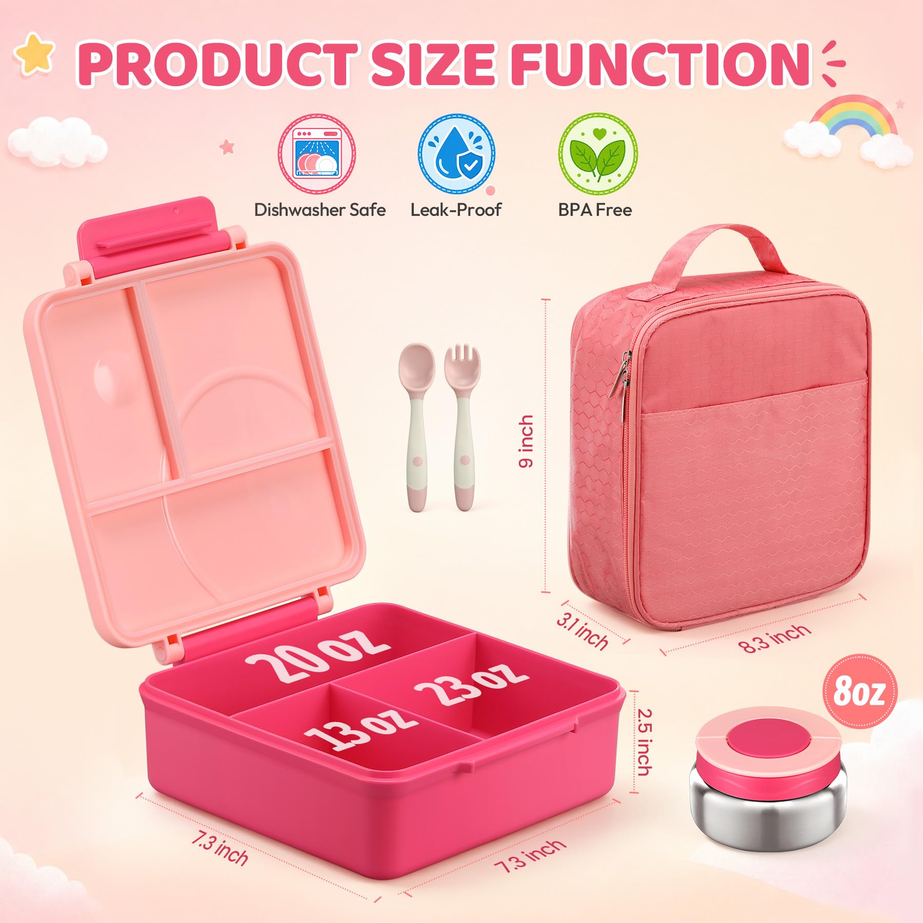 Bento-Lunchbox für Mädchen mit 237 ml Suppen-Thermo- und Lunchtasche, auslaufsichere Lunch-Lebensmittelbehälter mit 4 Fächern, isoliertes Lebensmittelglas für Kinder, Schule (Rosa)