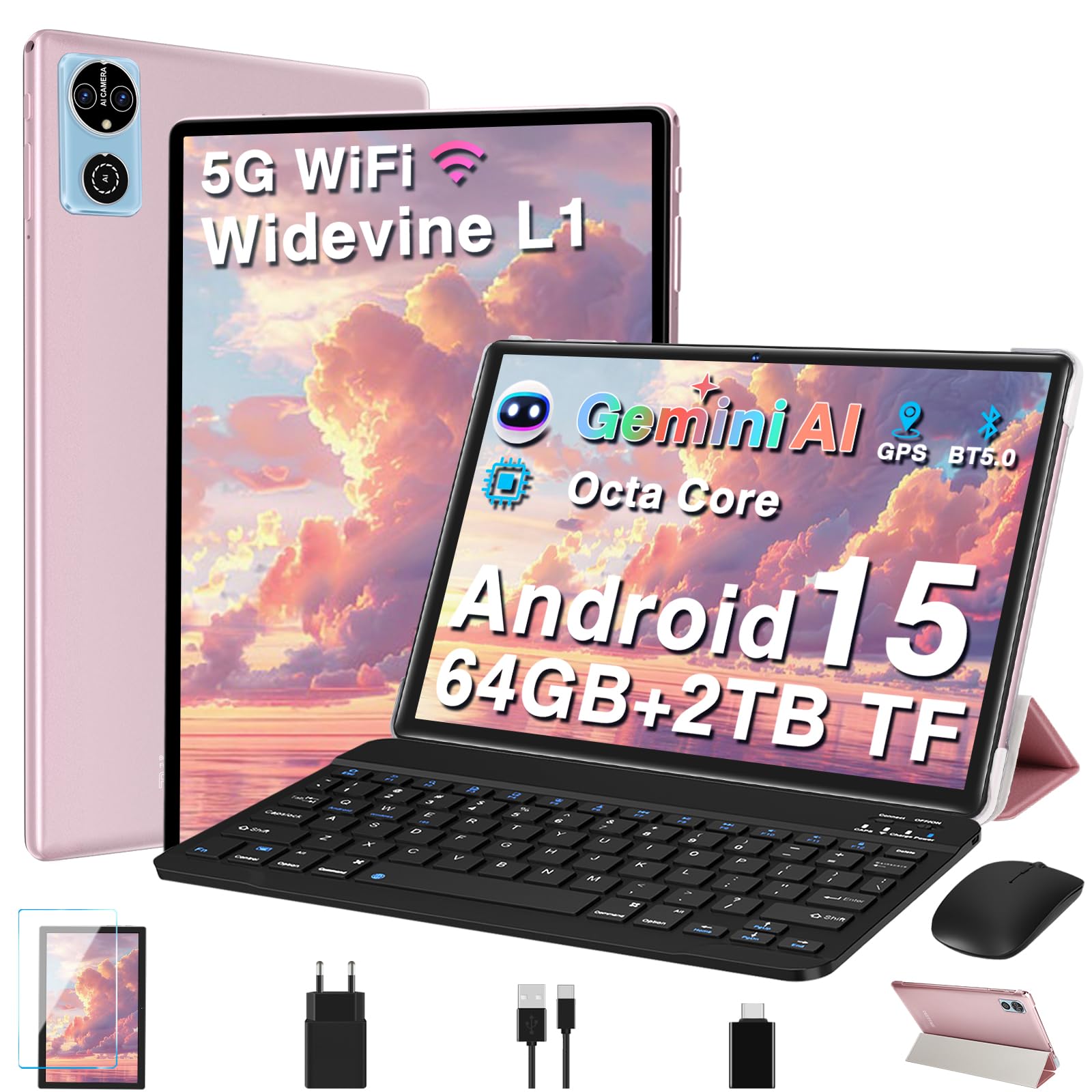 Tablette Android 15 Gemini AI Tablette 10 Pouces 64Go+2To Extensible, Tablette Tactile GMS, 5G+2.4G Wi-Fi,Octa-Core 2.0GHz,Widevine L1,BT5.0, 6000mAh, GPS,Tablettes avec Clavier+Souris et Cas-Or Rose