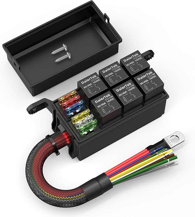 DaierTek 12V Relay Box 6 Way12 AWG Pre-Wired Waterproof Relay Box 6 Slot ATC/ATO Fuse Relay Block Universal Relay Panel for Automotive Car Marine Boat
