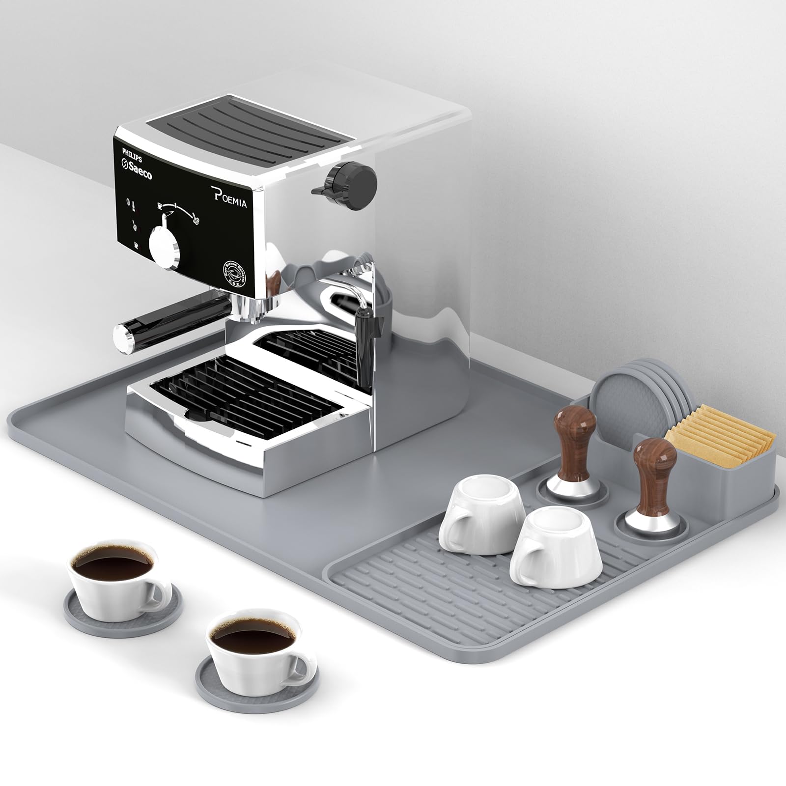 Alfombrilla de café de silicona con 6 posavasos, accesorios de barra de café de 24 x 16 pulgadas, cabe debajo de la cafetera, cafetera, máquina de espresso, tapete de secado de platos desmontable para