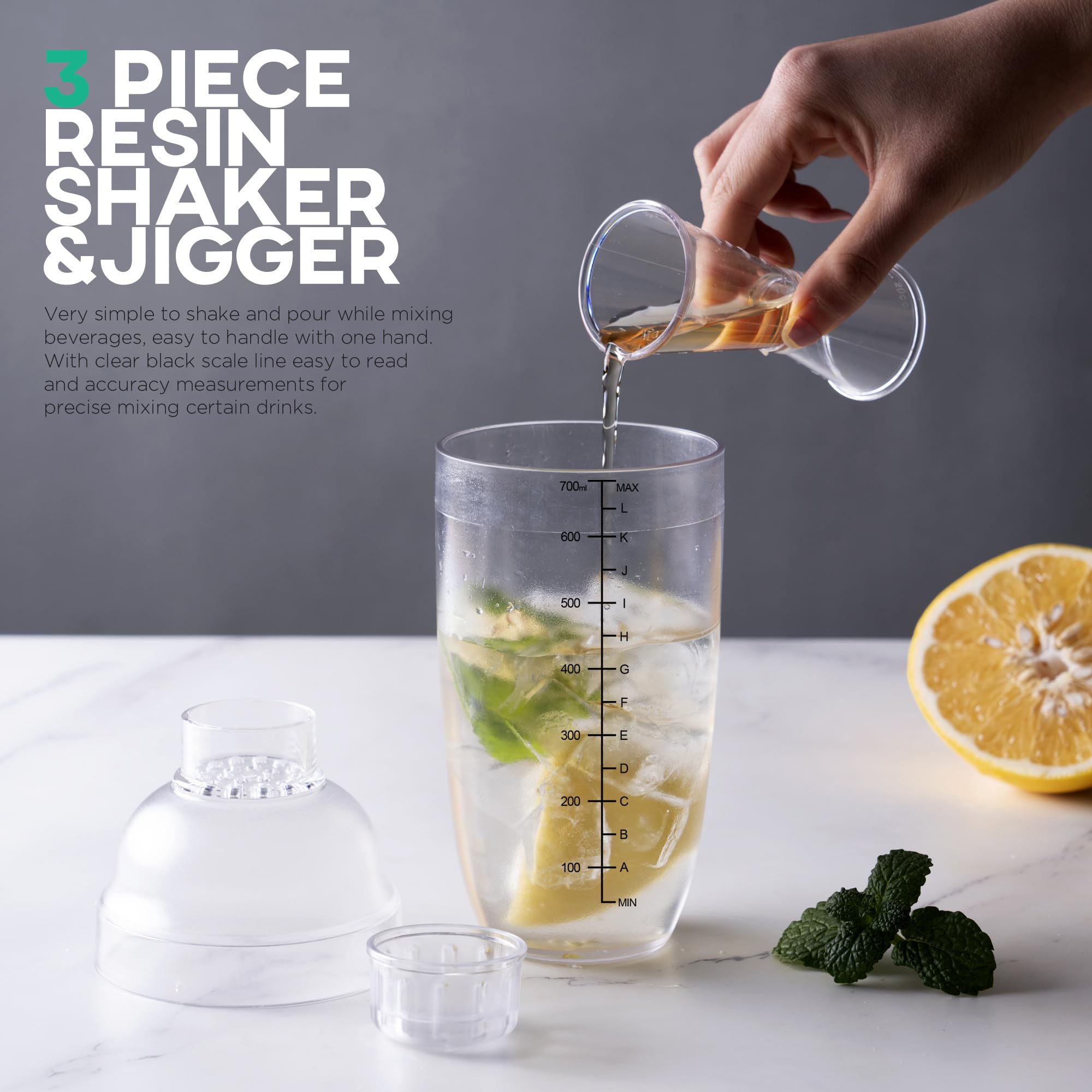 Homestia Moderno Plástico 3 piezas Coctelera mezclador glassleak libre antideslizante superficie, martillo