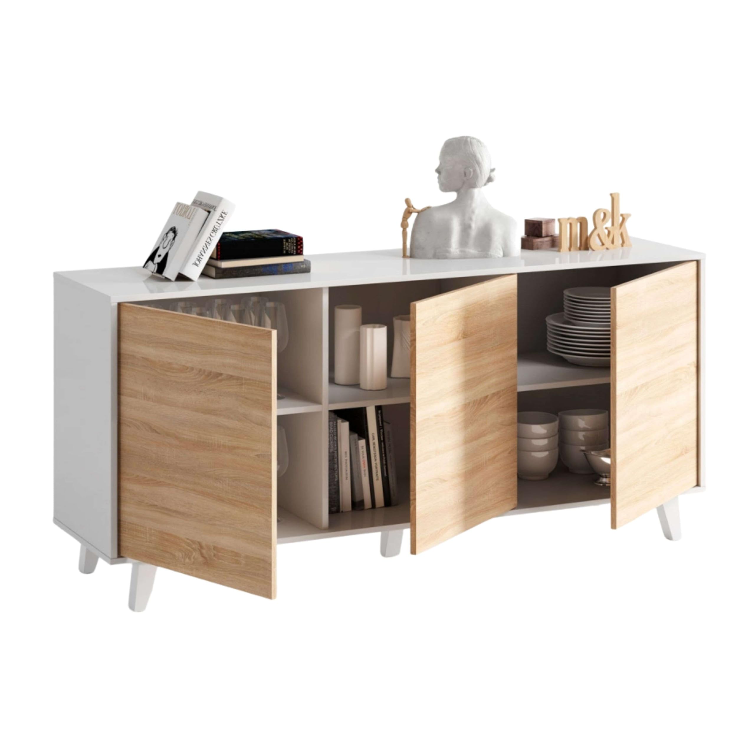 Habitdesign – Aparador Buffet 3 Puertas para Salón o Comedor, Aparador con Patas, Color Blanco Brillo y Roble Canadian, 154x41x75 cm - Zaiken Plus